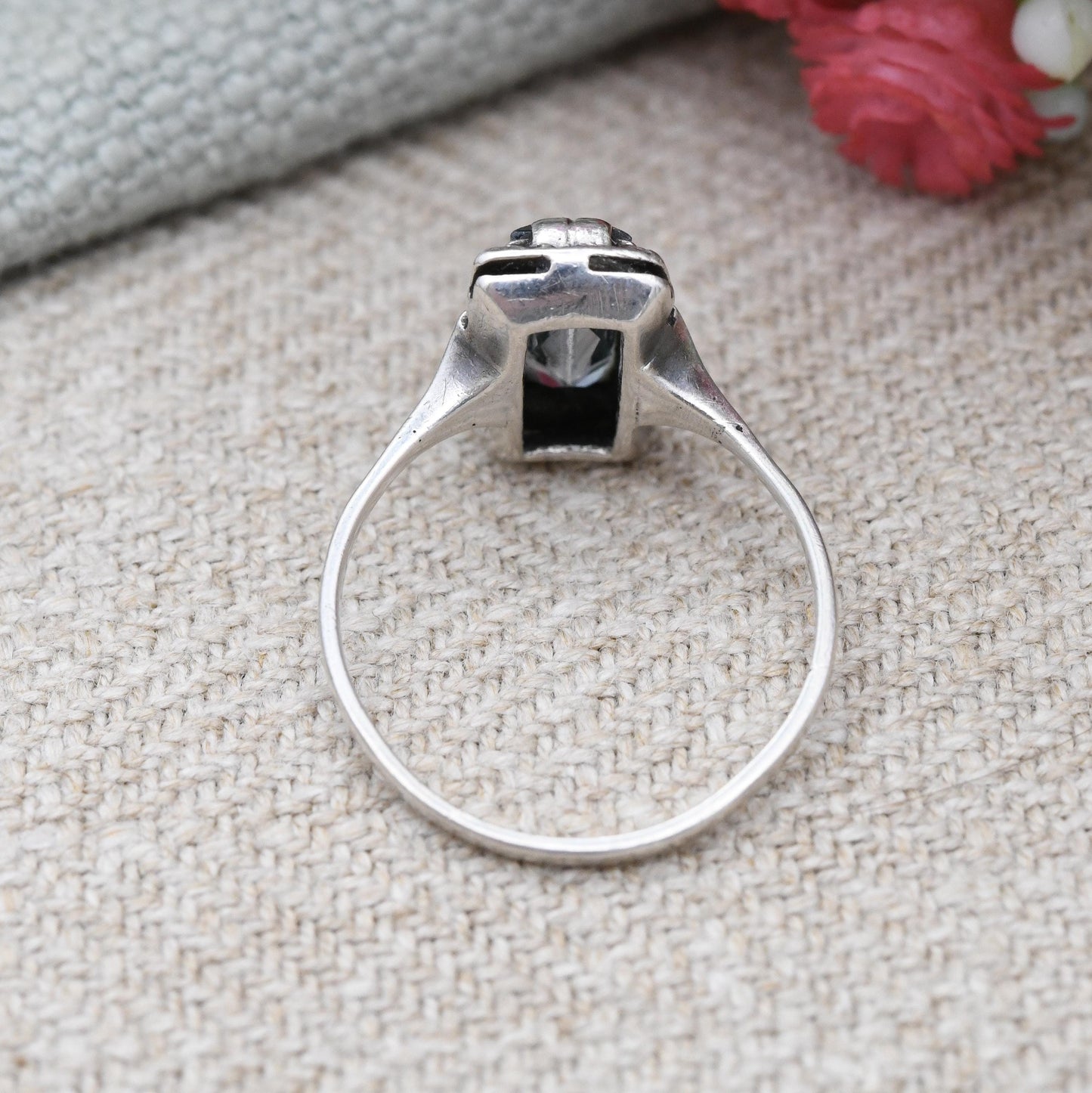 Vintage European Silver Statement Ring with Baby Blue Stone c. 1930s - Embossed Setting Rectangular Faceted | UK Size - N | US Size - 6 1/2