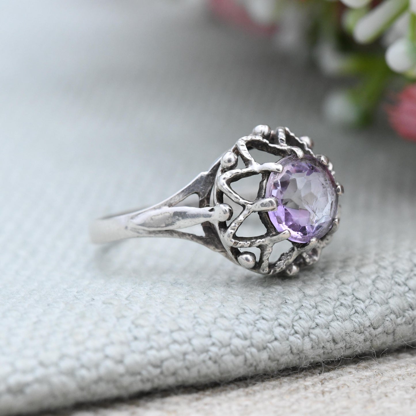 Vintage Sterling Silver Amethyst Ring P&R Bushell - Mid-Century 1970s Large Purple Stone Solitaire Open | UK Size - P 1/2 | US Size - 7 3/4