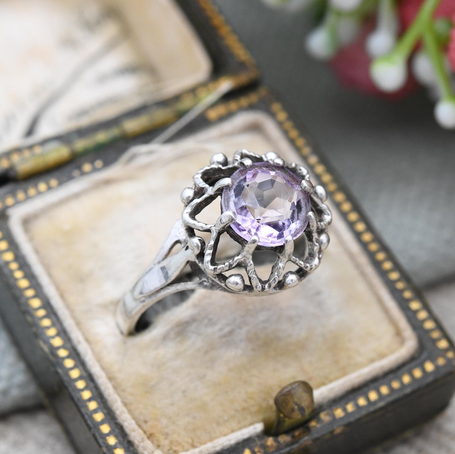 Vintage Sterling Silver Amethyst Ring P&R Bushell - Mid-Century 1970s Large Purple Stone Solitaire Open | UK Size - P 1/2 | US Size - 7 3/4