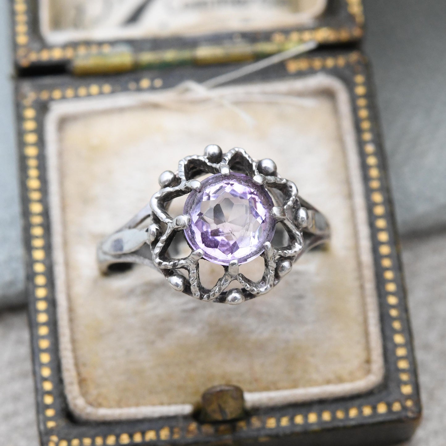 Vintage Sterling Silver Amethyst Ring P&R Bushell - Mid-Century 1970s Large Purple Stone Solitaire Open | UK Size - P 1/2 | US Size - 7 3/4