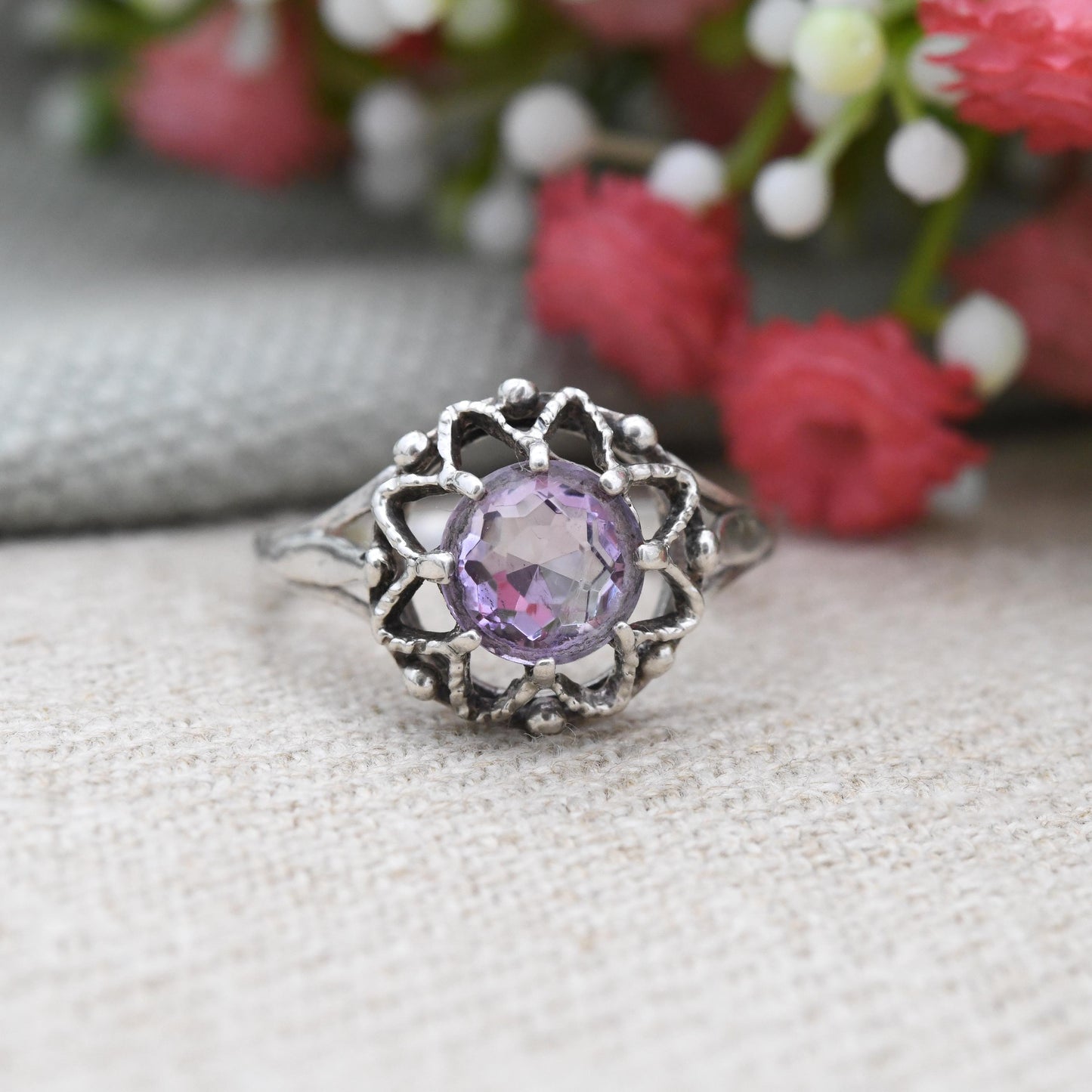 Vintage Sterling Silver Amethyst Ring P&R Bushell - Mid-Century 1970s Large Purple Stone Solitaire Open | UK Size - P 1/2 | US Size - 7 3/4