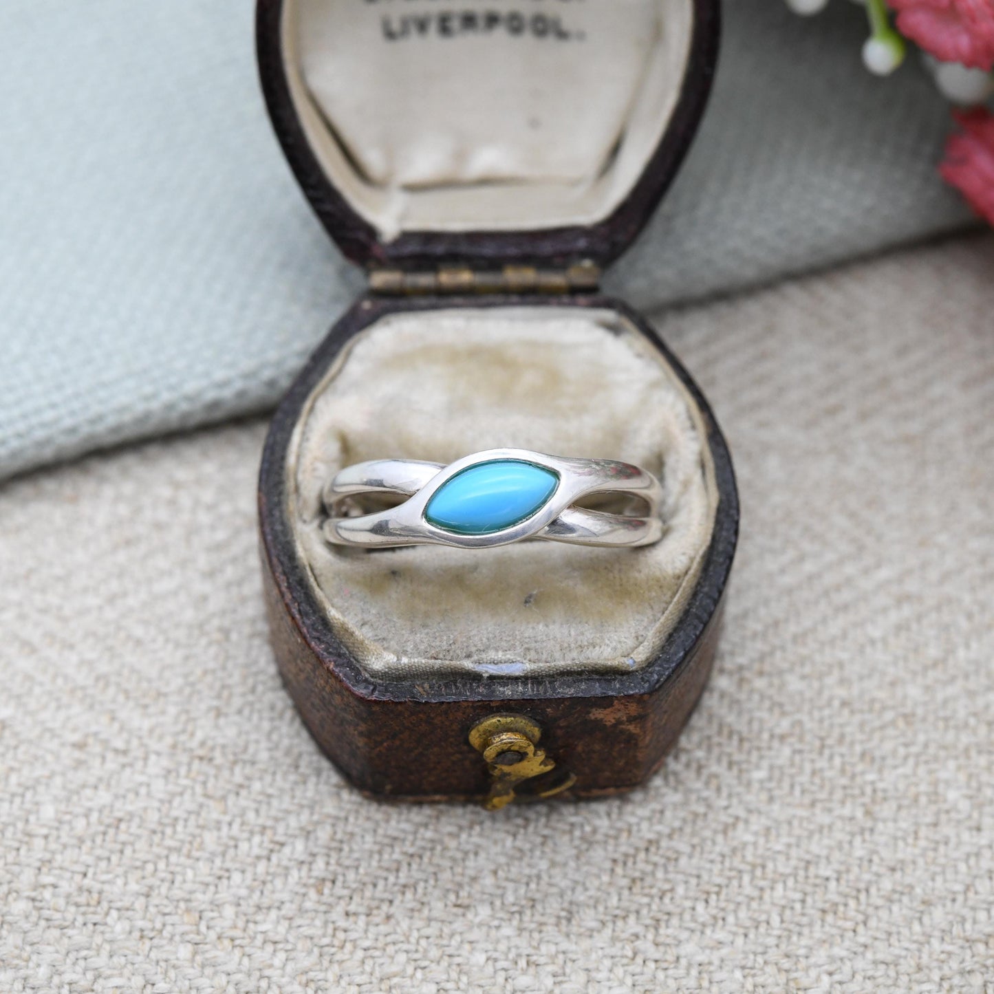 Sterling Silver Turquoise Ring Minimal Twist Design - Contemporary Southwestern Design | Blue Gemstone | UK Size - P | US Size - 7 3/4