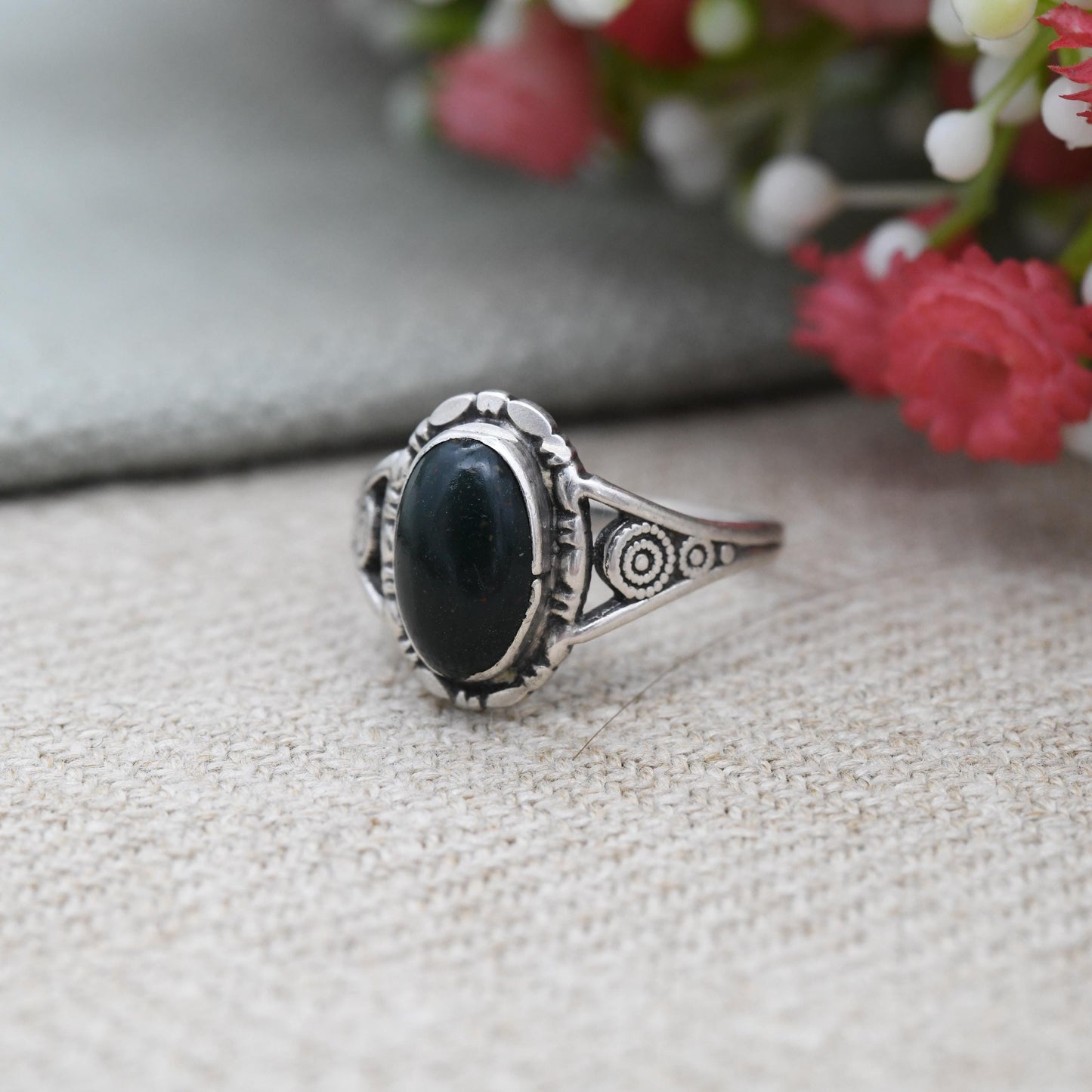 Vintage Sterling Silver Bloodstone Ring by TLM Thomas L Mott - Art Deco Era Made in England c. 1930s | Green Stone | UK Size - N US - 6 1/2
