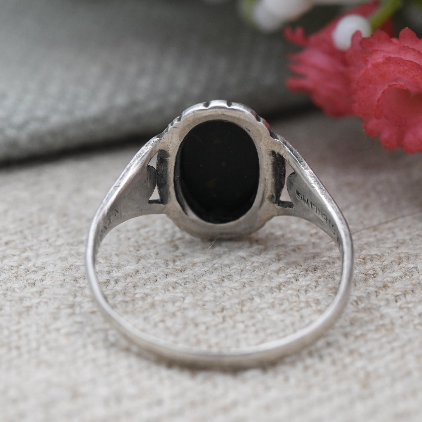 Vintage Sterling Silver Bloodstone Ring by TLM Thomas L Mott - Art Deco Era Made in England c. 1930s | Green Stone | UK Size - N US - 6 1/2