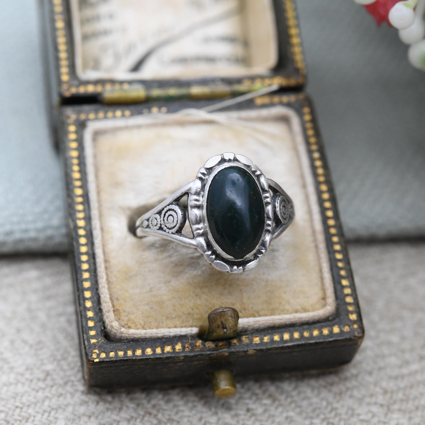 Vintage Sterling Silver Bloodstone Ring by TLM Thomas L Mott - Art Deco Era Made in England c. 1930s | Green Stone | UK Size - N US - 6 1/2