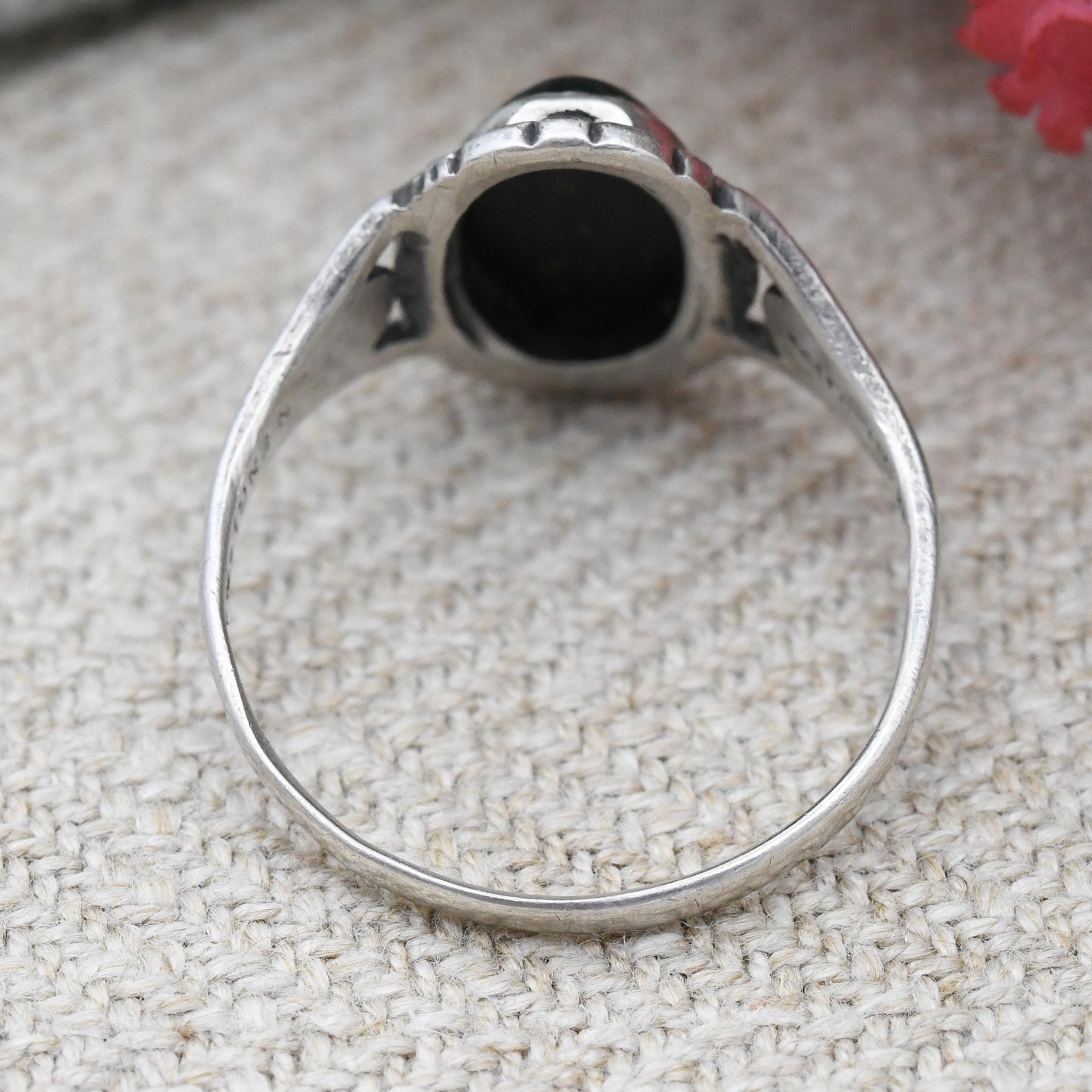 Vintage Sterling Silver Bloodstone Ring by TLM Thomas L Mott - Art Deco Era Made in England c. 1930s | Green Stone | UK Size - N US - 6 1/2