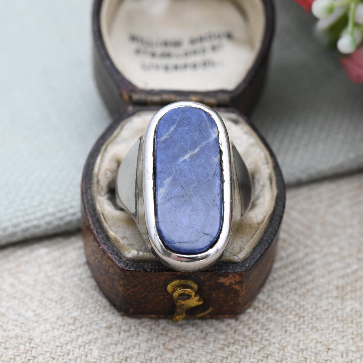 Vintage Sodalite Ring Chunky Blue Gemstone Jewellery - Unisex Statement Silver Tone | UK Size - O | US Size - 7