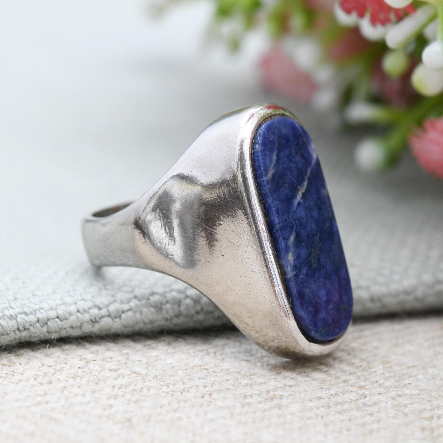 Vintage Sodalite Ring Chunky Blue Gemstone Jewellery - Unisex Statement Silver Tone | UK Size - O | US Size - 7