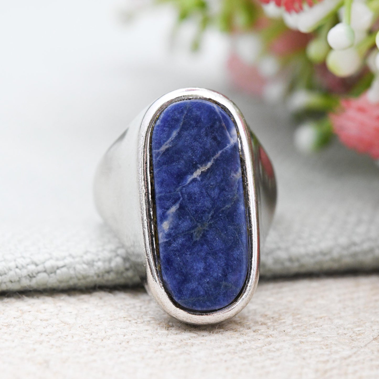 Vintage Sodalite Ring Chunky Blue Gemstone Jewellery - Unisex Statement Silver Tone | UK Size - O | US Size - 7