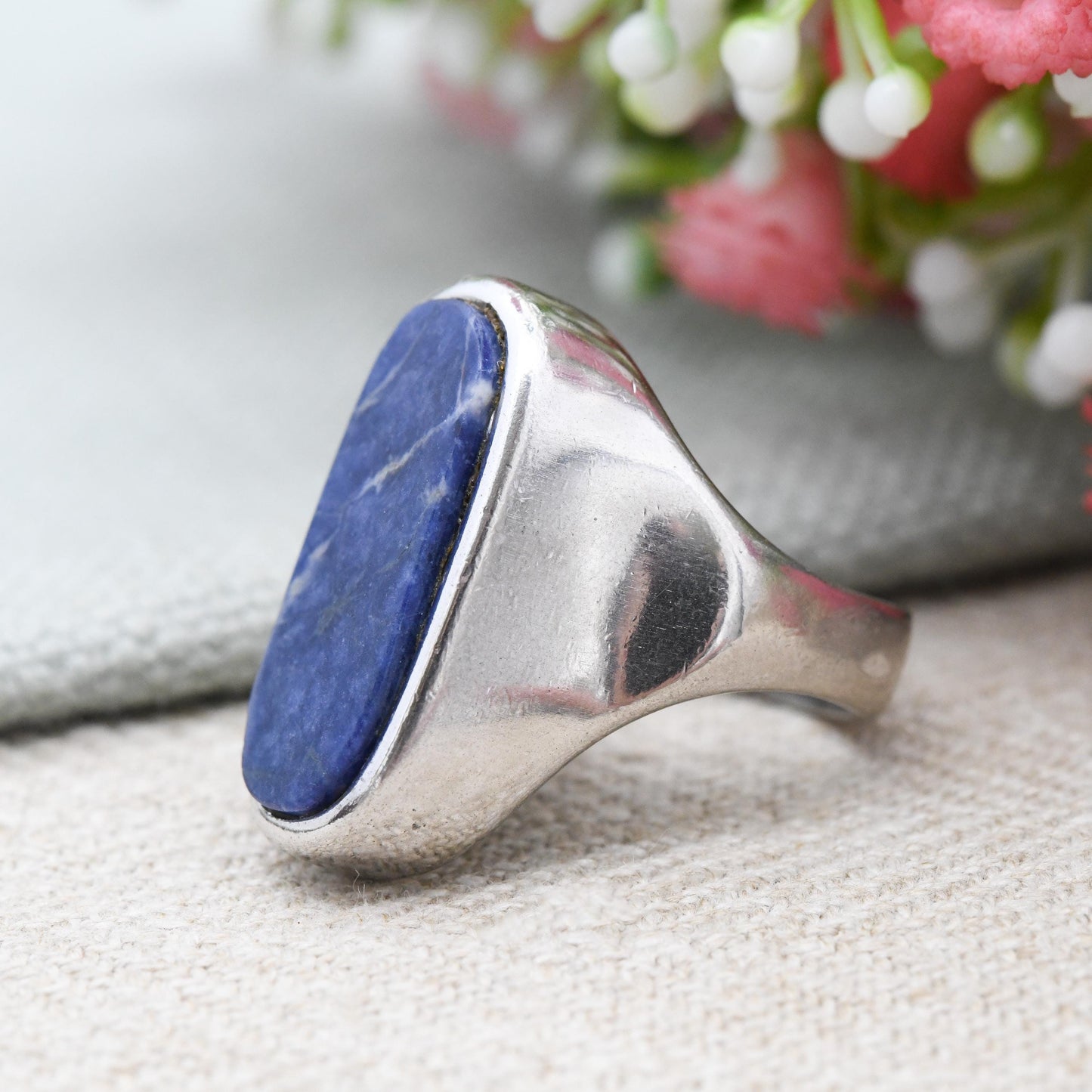 Vintage Sodalite Ring Chunky Blue Gemstone Jewellery - Unisex Statement Silver Tone | UK Size - O | US Size - 7