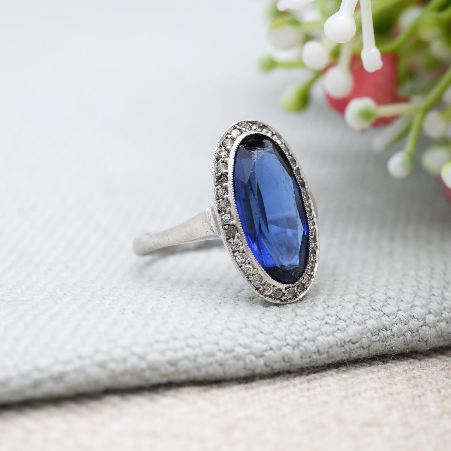 Antique Art Deco European Silver Ring with Large Blue Stone - c. 1920s 1930s Cocktail Statement Ring | UK Size - L | US Size - 5 3/4