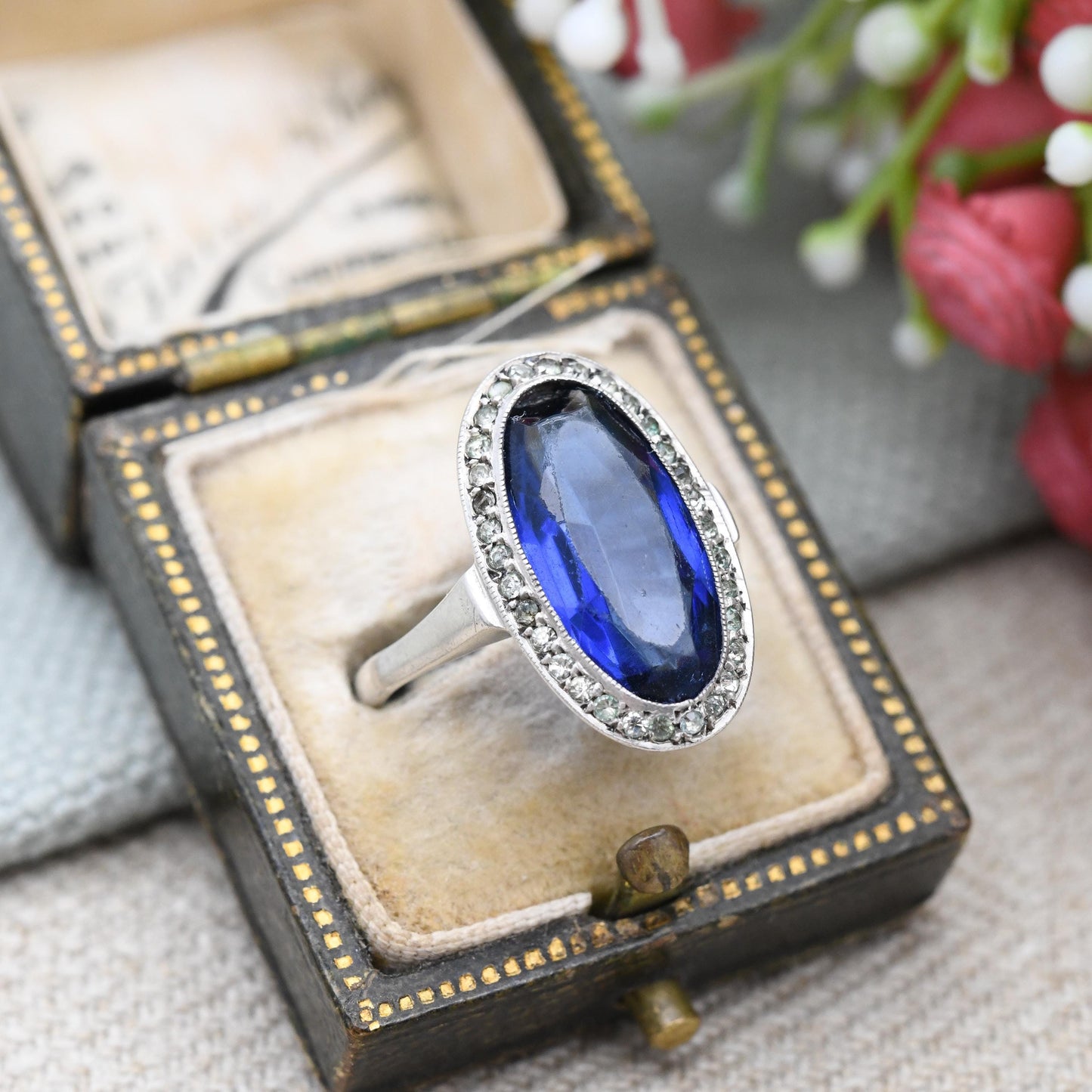 Antique Art Deco European Silver Ring with Large Blue Stone - c. 1920s 1930s Cocktail Statement Ring | UK Size - L | US Size - 5 3/4
