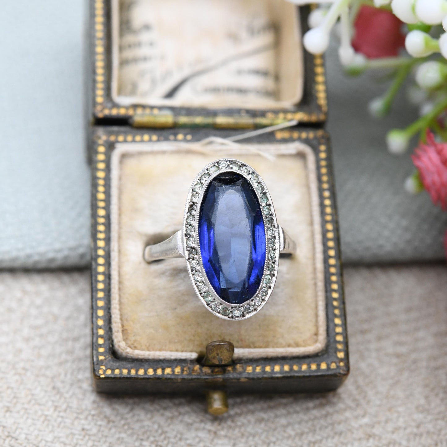 Antique Art Deco European Silver Ring with Large Blue Stone - c. 1920s 1930s Cocktail Statement Ring | UK Size - L | US Size - 5 3/4