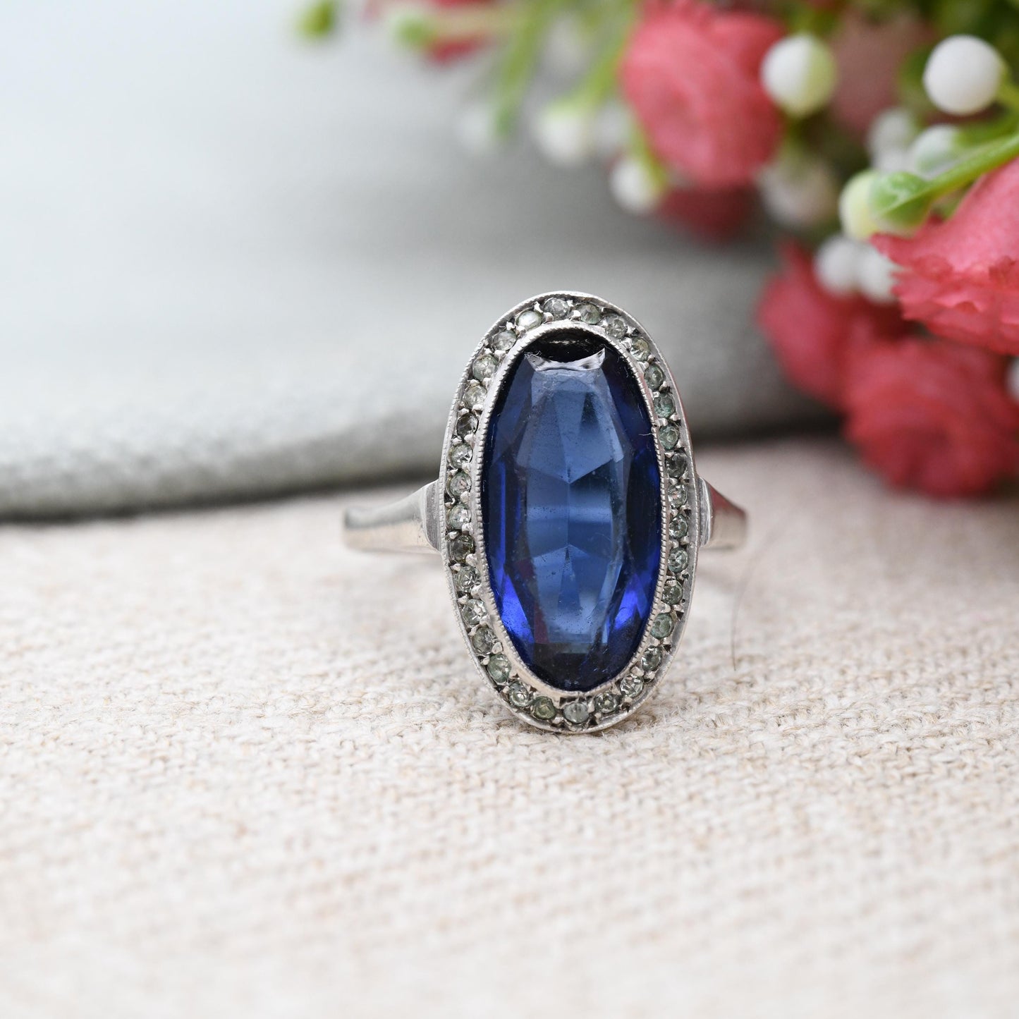 Antique Art Deco European Silver Ring with Large Blue Stone - c. 1920s 1930s Cocktail Statement Ring | UK Size - L | US Size - 5 3/4