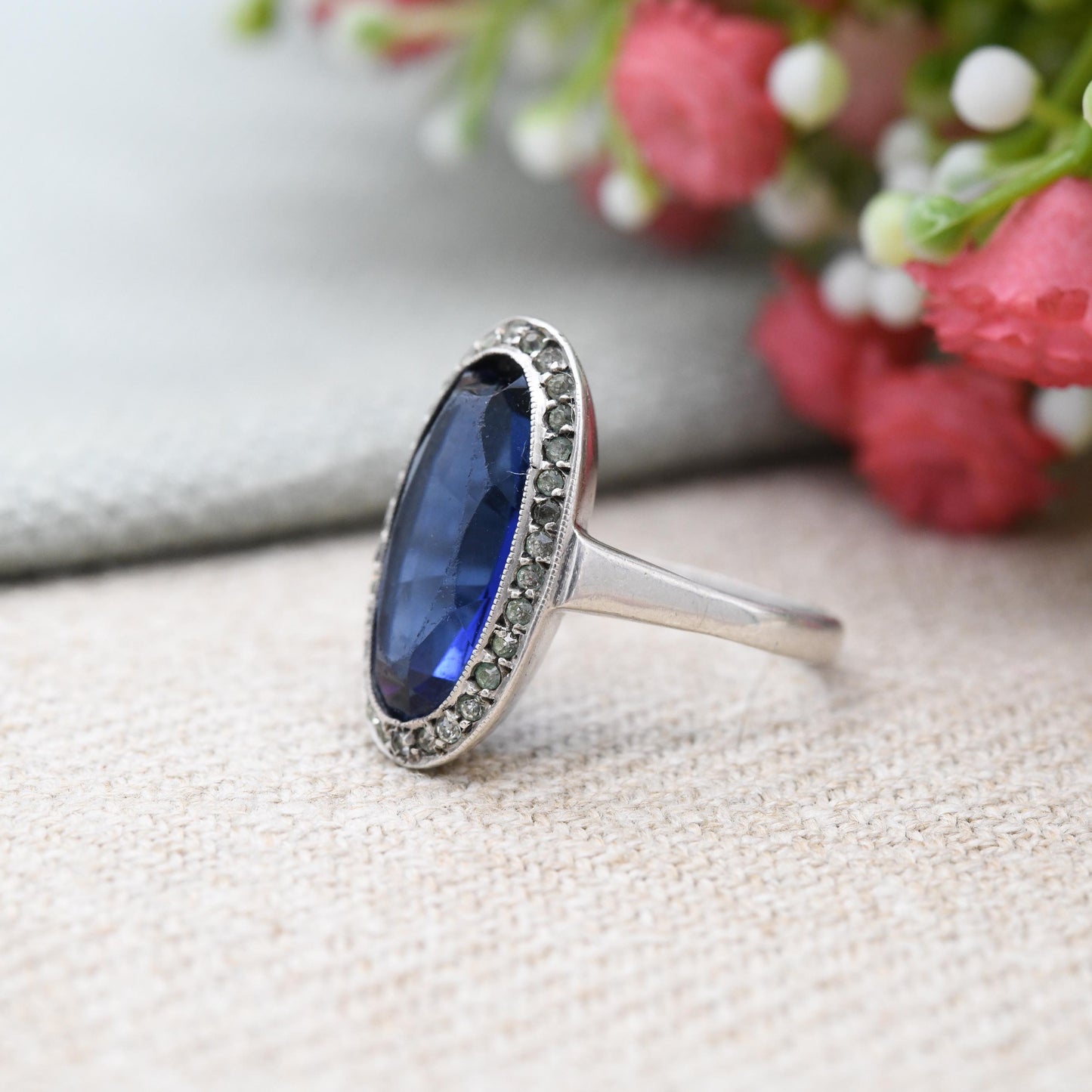Antique Art Deco European Silver Ring with Large Blue Stone - c. 1920s 1930s Cocktail Statement Ring | UK Size - L | US Size - 5 3/4