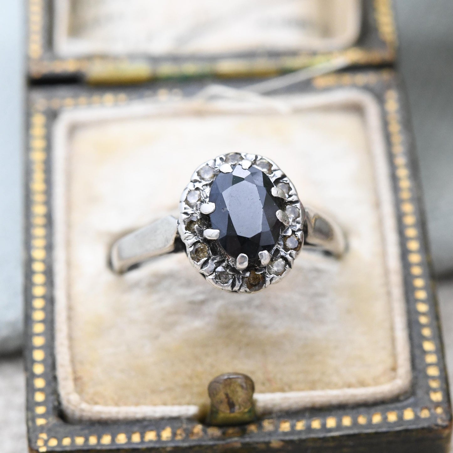 Vintage Sterling Silver Sapphire Halo Ring - Mid-Century Statement Sparkly Cocktail Ring with Clear Stones | UK Size - K | US Size - 5 1/4