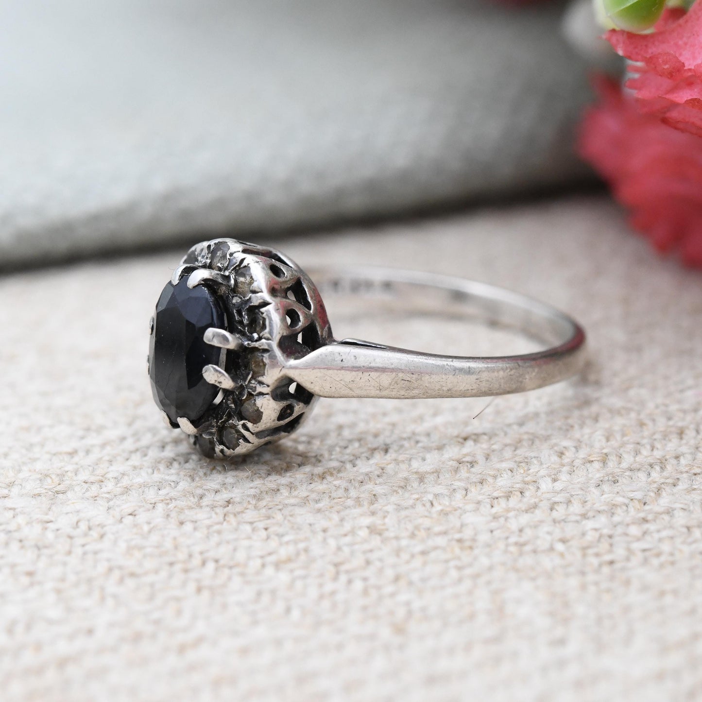 Vintage Sterling Silver Sapphire Halo Ring - Mid-Century Statement Sparkly Cocktail Ring with Clear Stones | UK Size - K | US Size - 5 1/4
