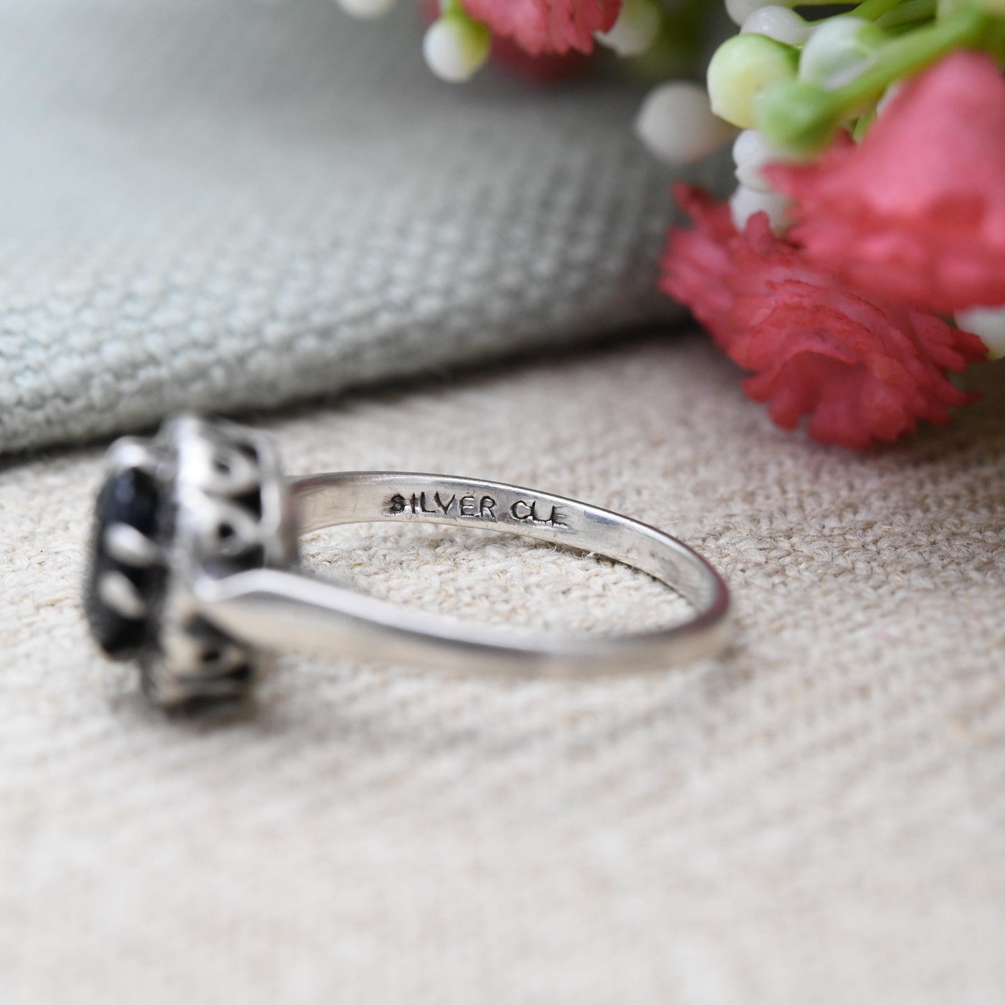 Vintage Sterling Silver Sapphire Halo Ring - Mid-Century Statement Sparkly Cocktail Ring with Clear Stones | UK Size - K | US Size - 5 1/4
