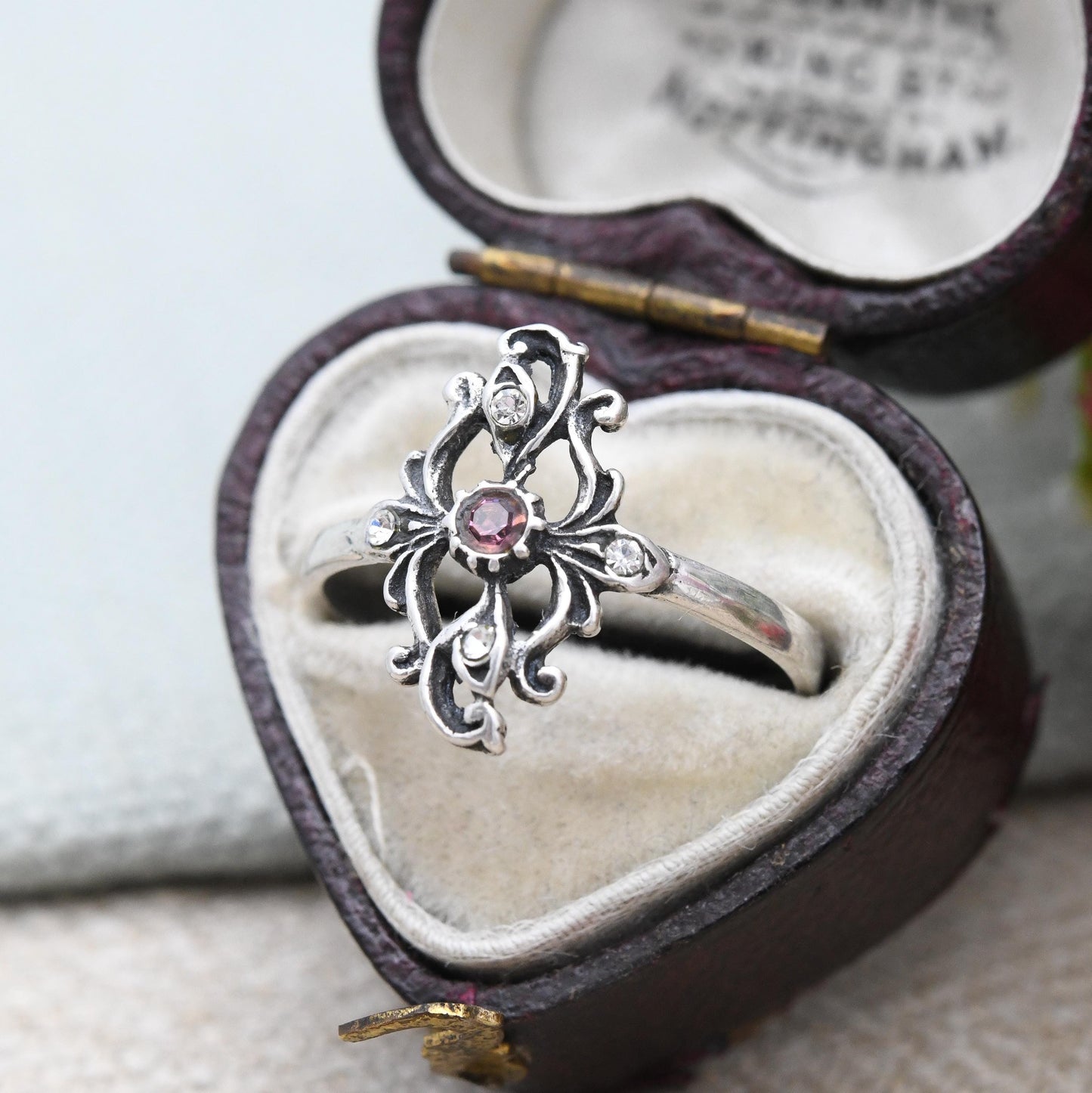 Vintage Sterling Silver Plaque Ring Ornate Openwork Design - Sculptural Floral | Pink and Clear Stones | UK Size - O 1/2 | US Size - 7 1/2