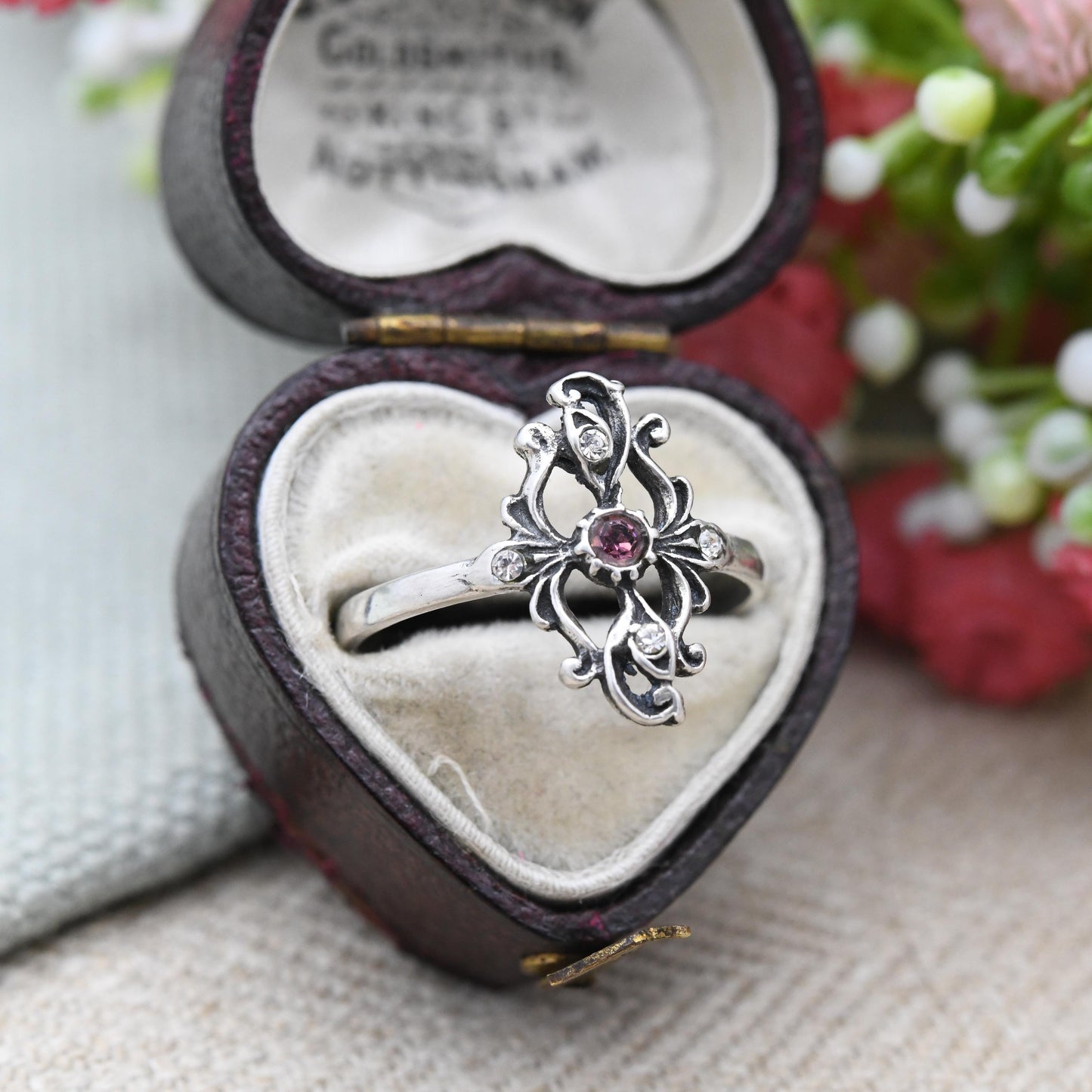 Vintage Sterling Silver Plaque Ring Ornate Openwork Design - Sculptural Floral | Pink and Clear Stones | UK Size - O 1/2 | US Size - 7 1/2