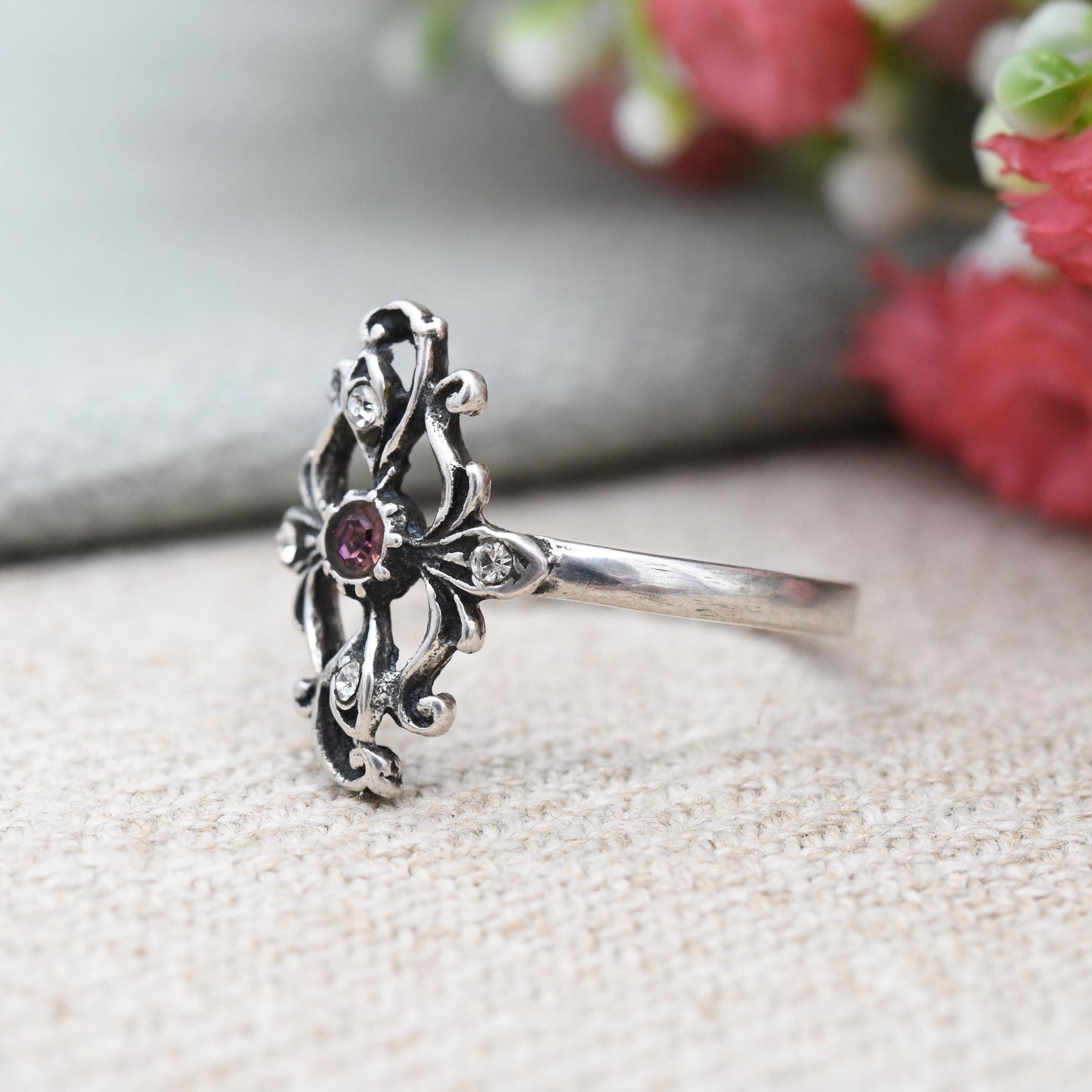 Vintage Sterling Silver Plaque Ring Ornate Openwork Design - Sculptural Floral | Pink and Clear Stones | UK Size - O 1/2 | US Size - 7 1/2