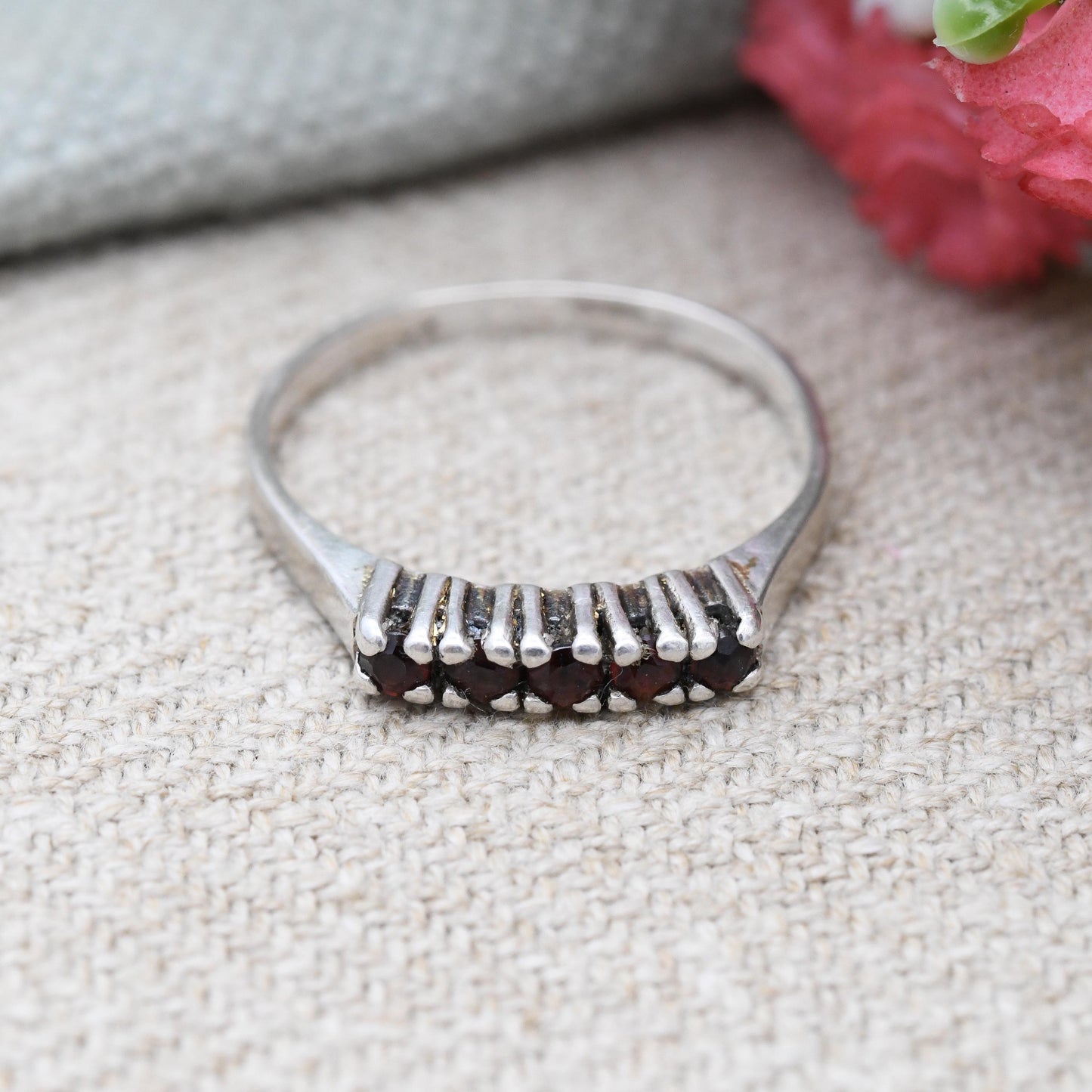 Vintage Silver Garnet Five Stone Ring - Pretty Mid-Century Red Gemstone Stacking Ring Bar Setting | UK Size - P | US Size - 7 3/4