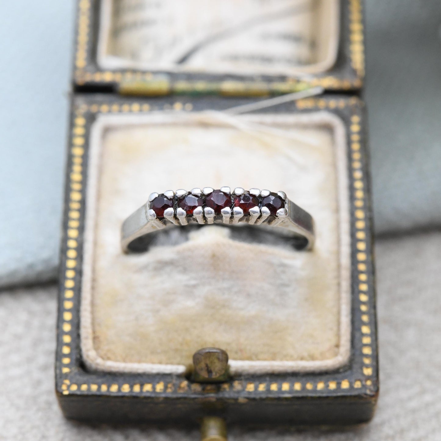 Vintage Silver Garnet Five Stone Ring - Pretty Mid-Century Red Gemstone Stacking Ring Bar Setting | UK Size - P | US Size - 7 3/4