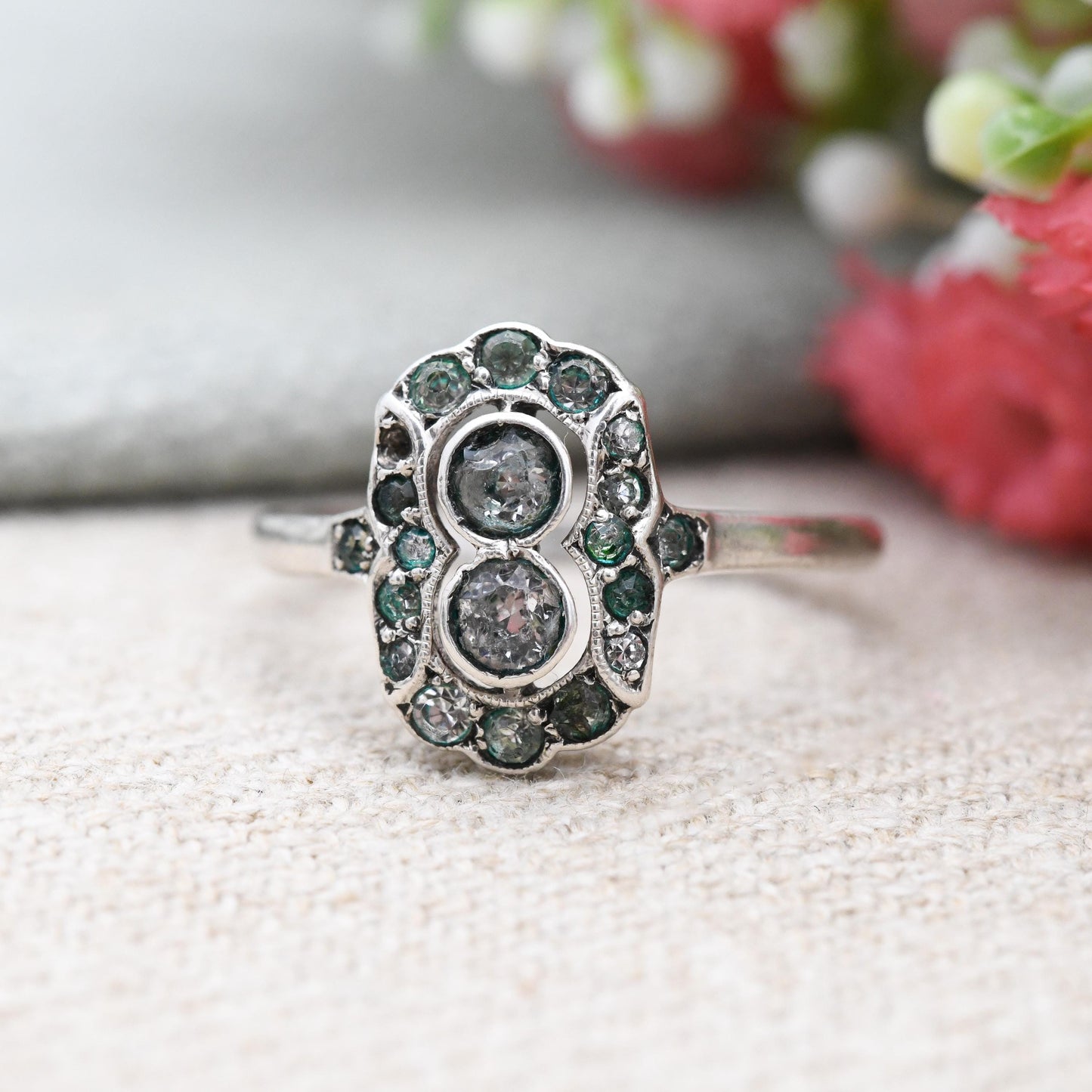 Vintage Art Deco Silver Paste Plaque Ring - Statement Cocktail Ring Antique Dress Ring | UK Size - Q 1/2 | US Size - 8 1/4
