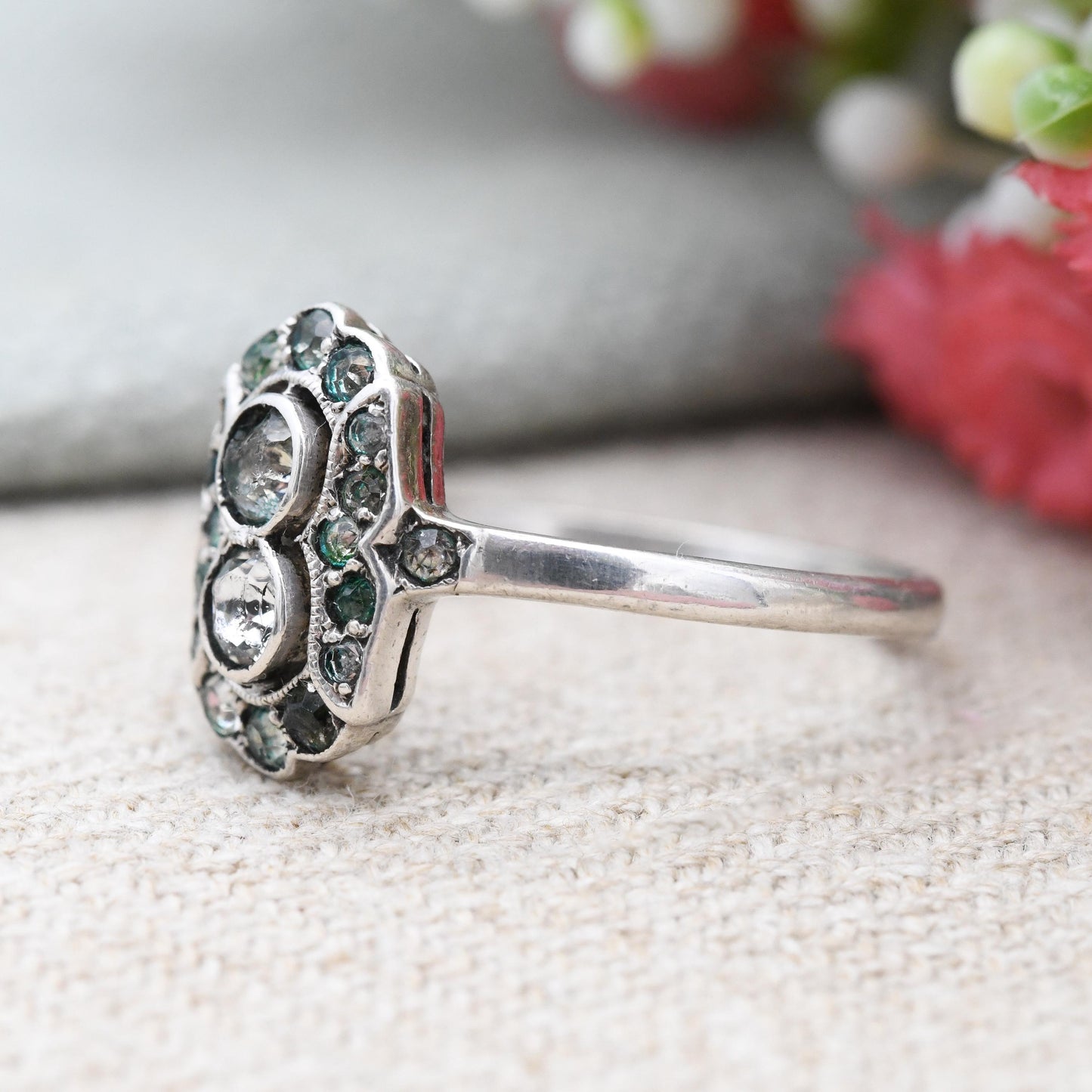 Vintage Art Deco Silver Paste Plaque Ring - Statement Cocktail Ring Antique Dress Ring | UK Size - Q 1/2 | US Size - 8 1/4