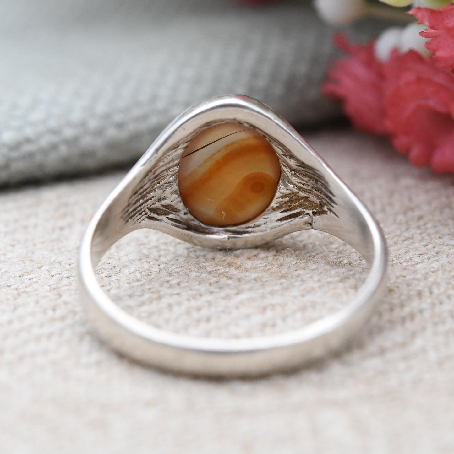 Vintage Sterling Silver Banded Agate Signet Ring - Cabochon Orange Gemstone | Unisex Jewellery Gift | UK Size - P | US Size - 7 3/4