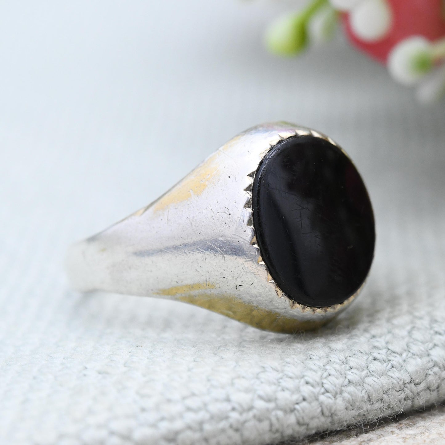 Vintage Sterling Silver Onyx Signet Ring - Gold Plated 22ct On Silver | Chunky Large Unisex Jewellery | UK Size - R | US Size - 8 1/2