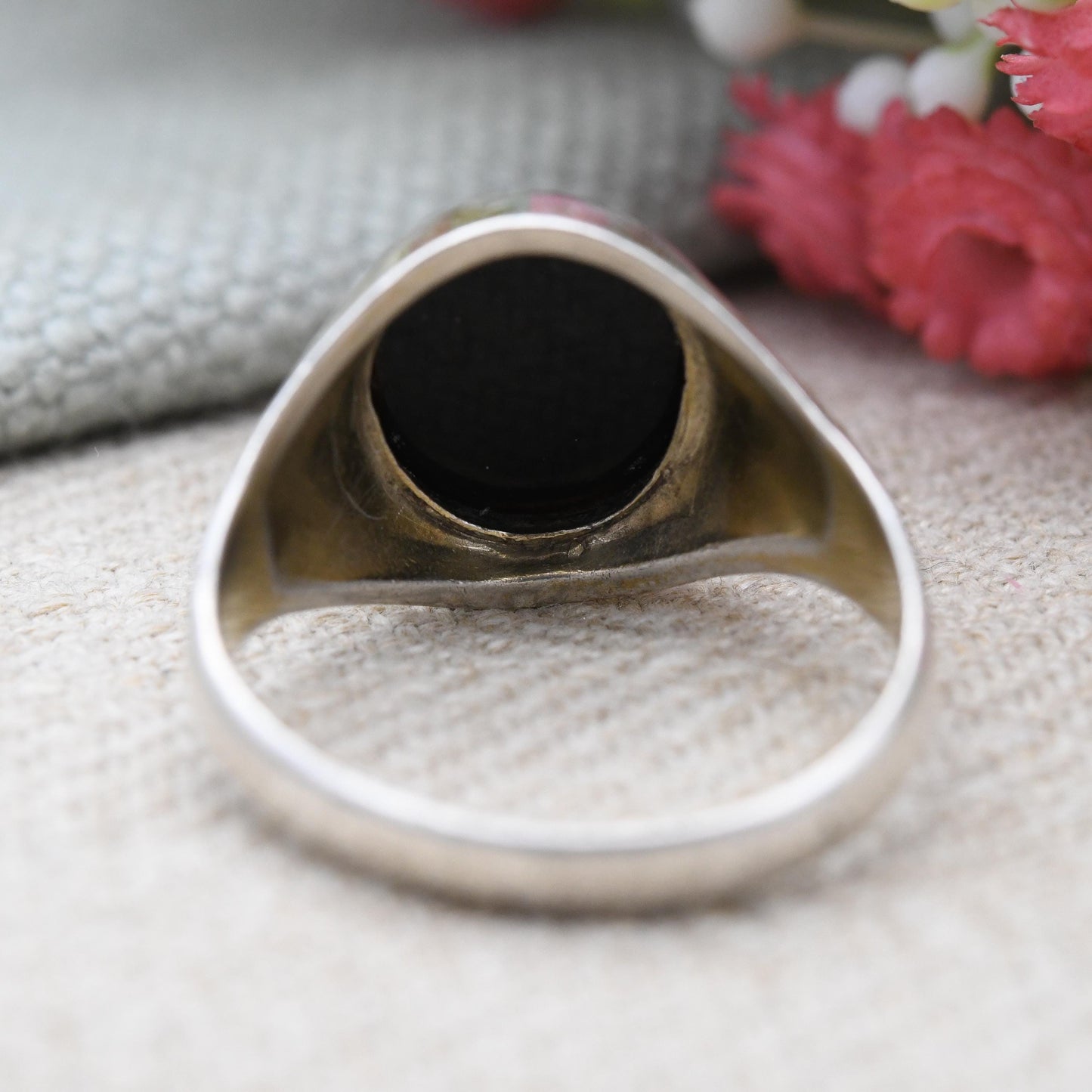 Vintage Sterling Silver Onyx Signet Ring - Gold Plated 22ct On Silver | Chunky Large Unisex Jewellery | UK Size - R | US Size - 8 1/2