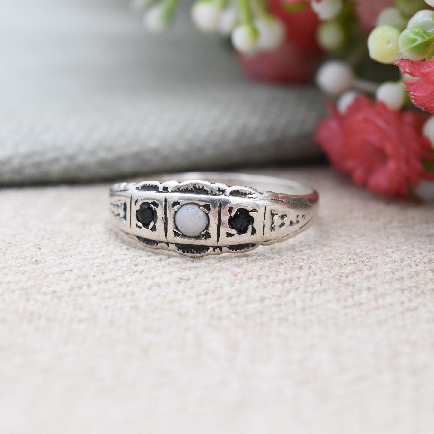 Vintage Sterling Silver Opal and Sapphire Boat Ring c. 1970s - Flush Stones Edwardian Antique Revival Style | UK Size - P | US Size - 7 3/4
