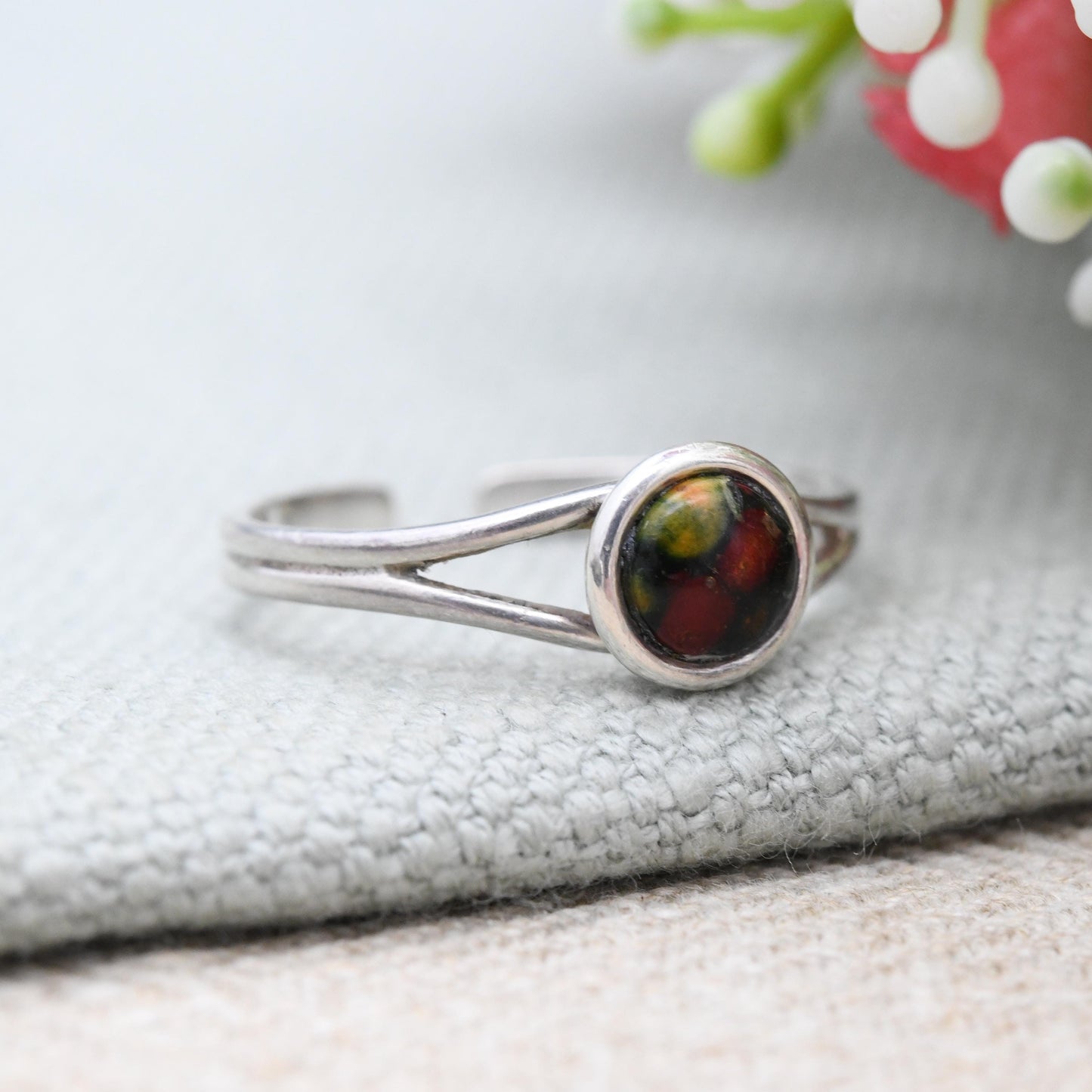 Sterling Silver Heather Gem Ring Scottish Pressed Flower Stem - Minimal Jewellery Adjustable Band Large Ring | UK Size - S | US Size - 9