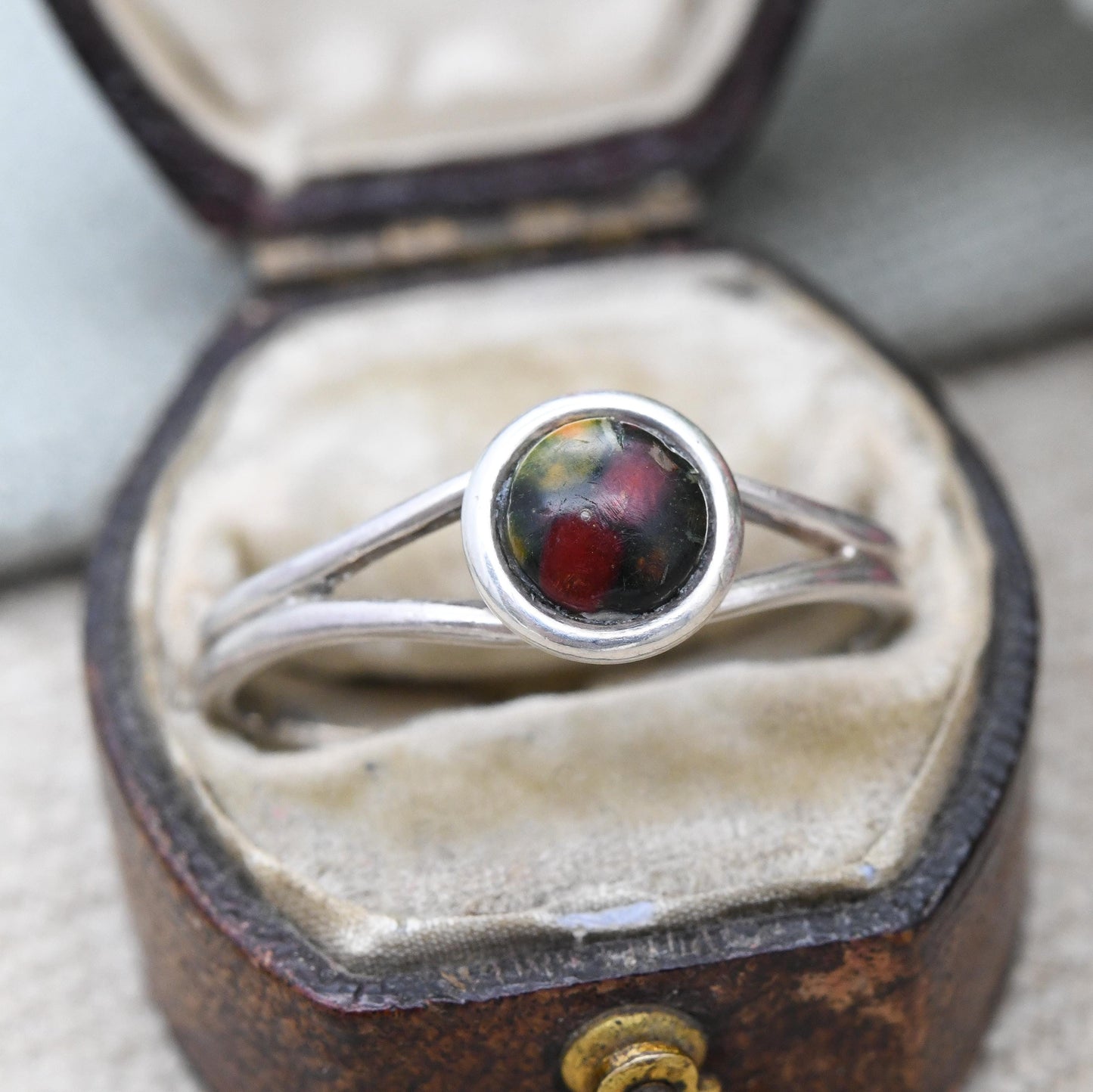 Sterling Silver Heather Gem Ring Scottish Pressed Flower Stem - Minimal Jewellery Adjustable Band Large Ring | UK Size - S | US Size - 9