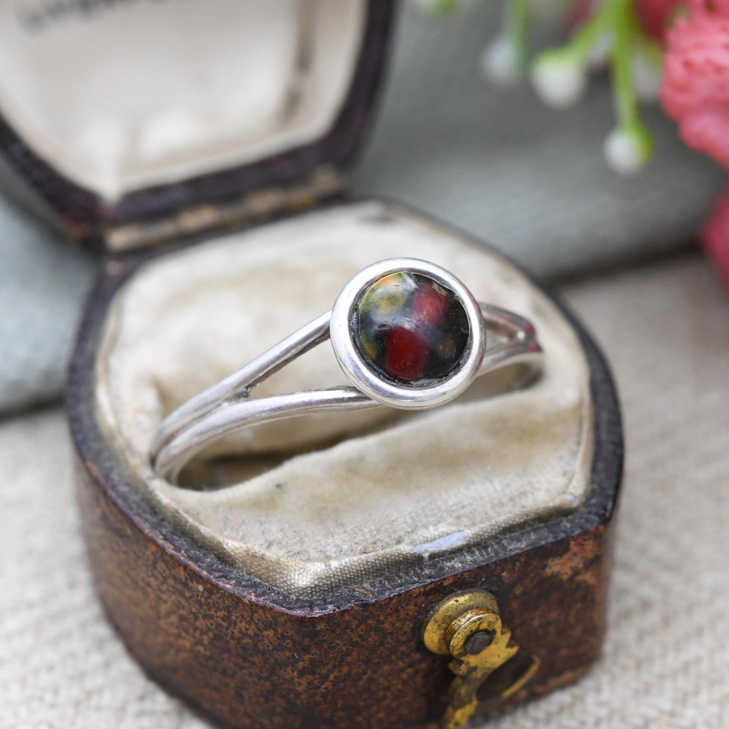 Sterling Silver Heather Gem Ring Scottish Pressed Flower Stem - Minimal Jewellery Adjustable Band Large Ring | UK Size - S | US Size - 9