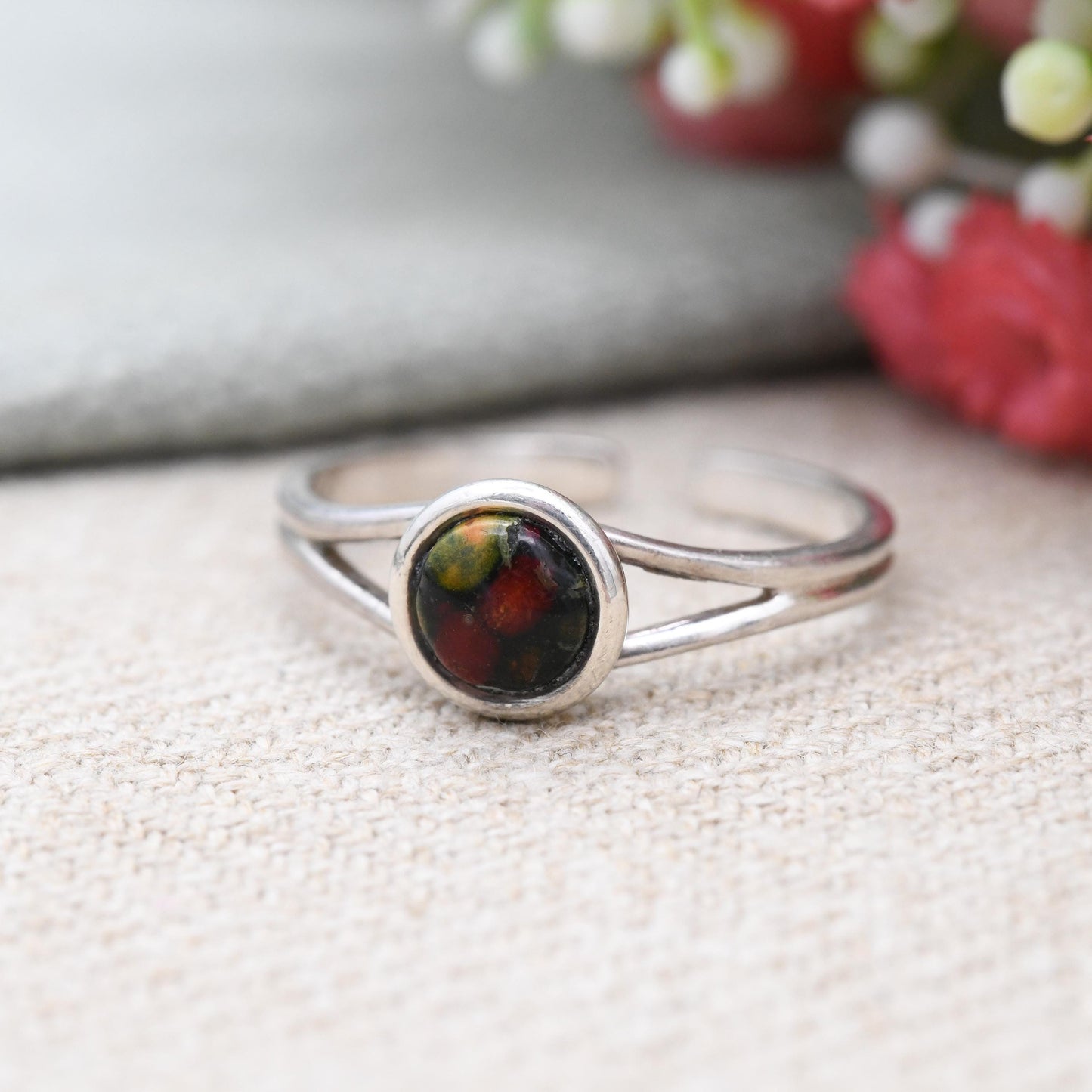 Sterling Silver Heather Gem Ring Scottish Pressed Flower Stem - Minimal Jewellery Adjustable Band Large Ring | UK Size - S | US Size - 9