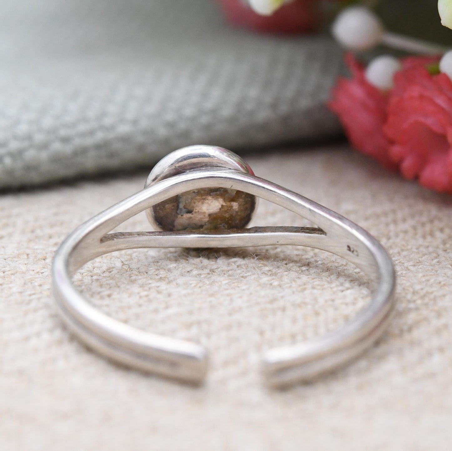 Sterling Silver Heather Gem Ring Scottish Pressed Flower Stem - Minimal Jewellery Adjustable Band Large Ring | UK Size - S | US Size - 9