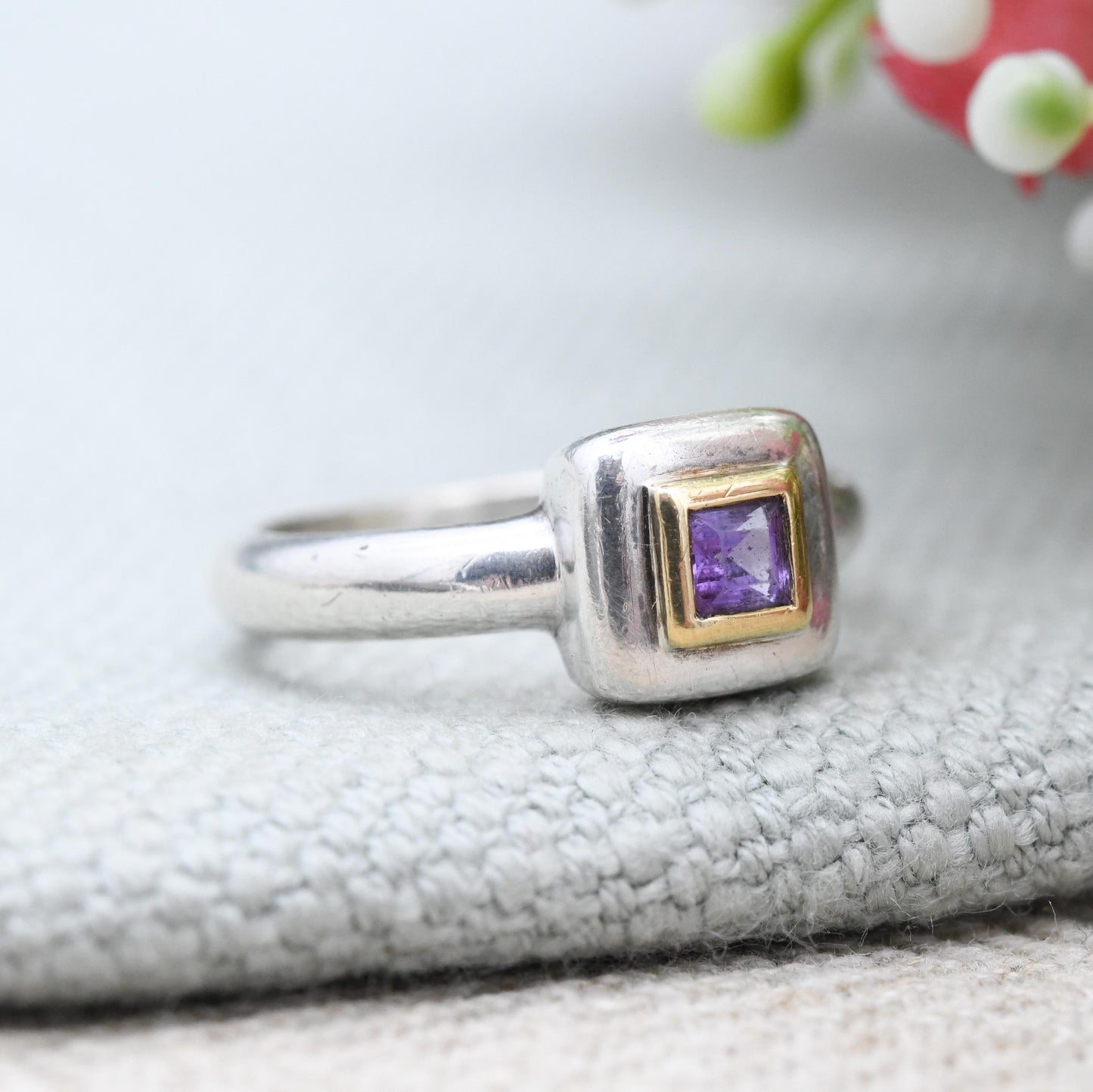 Vintage Links of London Sterling Silver and Gold Amethyst Ring 1999 - Designer Purple Stone Solitaire Y2K | UK Size - K | US Size - 5 1/4