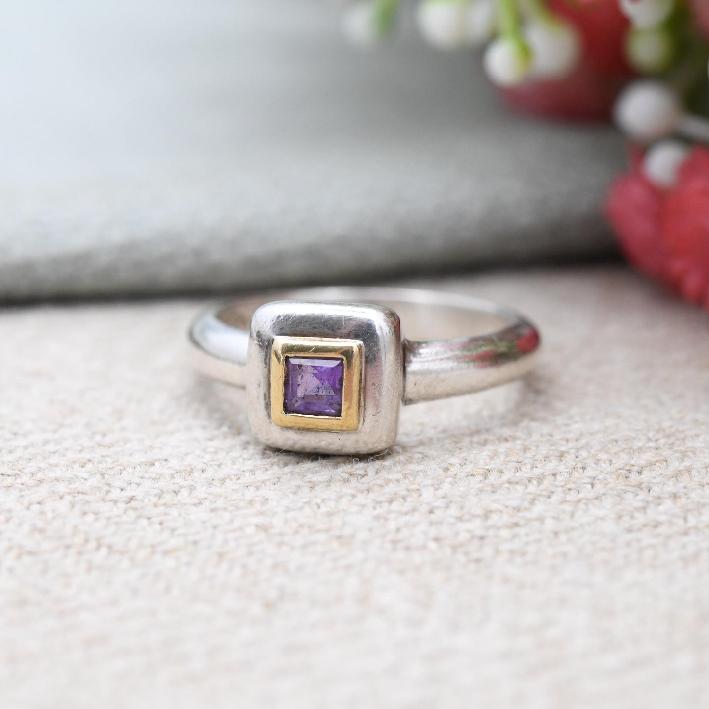 Vintage Links of London Sterling Silver and Gold Amethyst Ring 1999 - Designer Purple Stone Solitaire Y2K | UK Size - K | US Size - 5 1/4