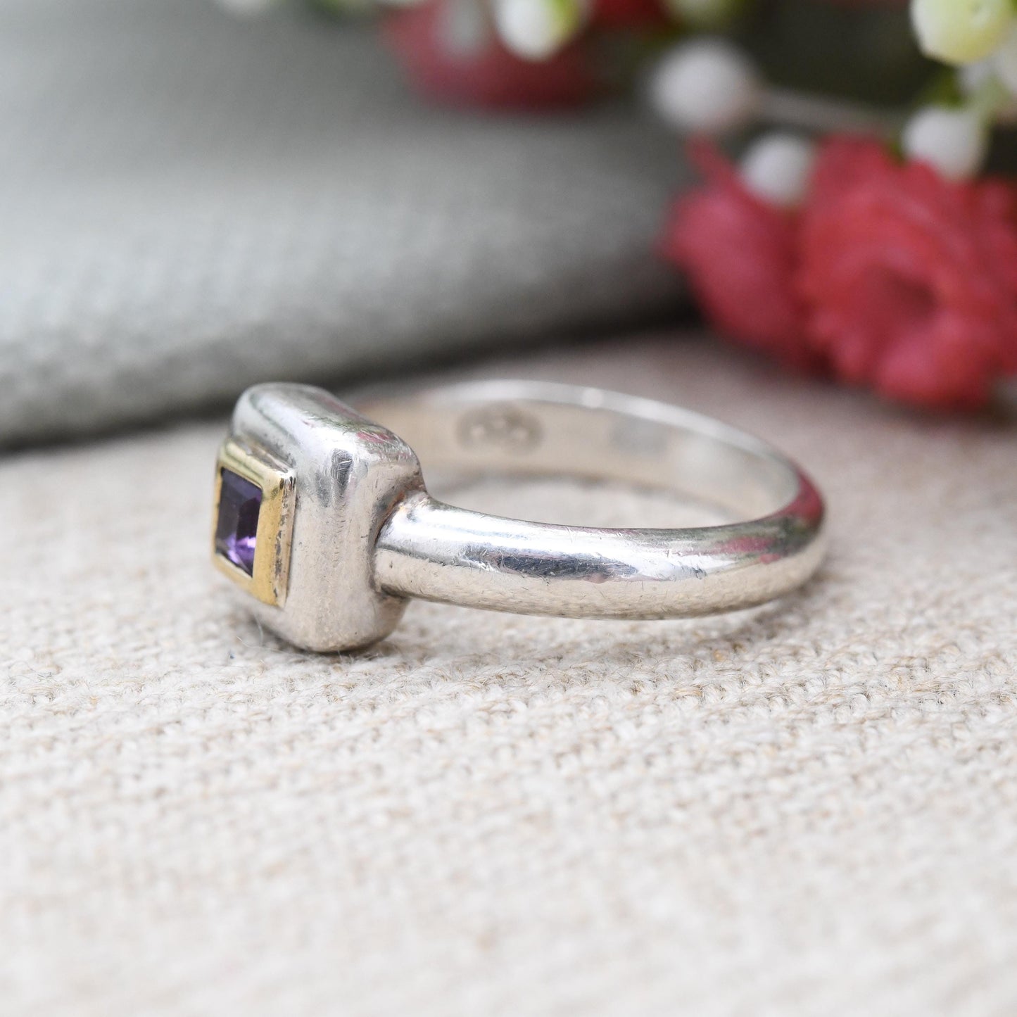Vintage Links of London Sterling Silver and Gold Amethyst Ring 1999 - Designer Purple Stone Solitaire Y2K | UK Size - K | US Size - 5 1/4