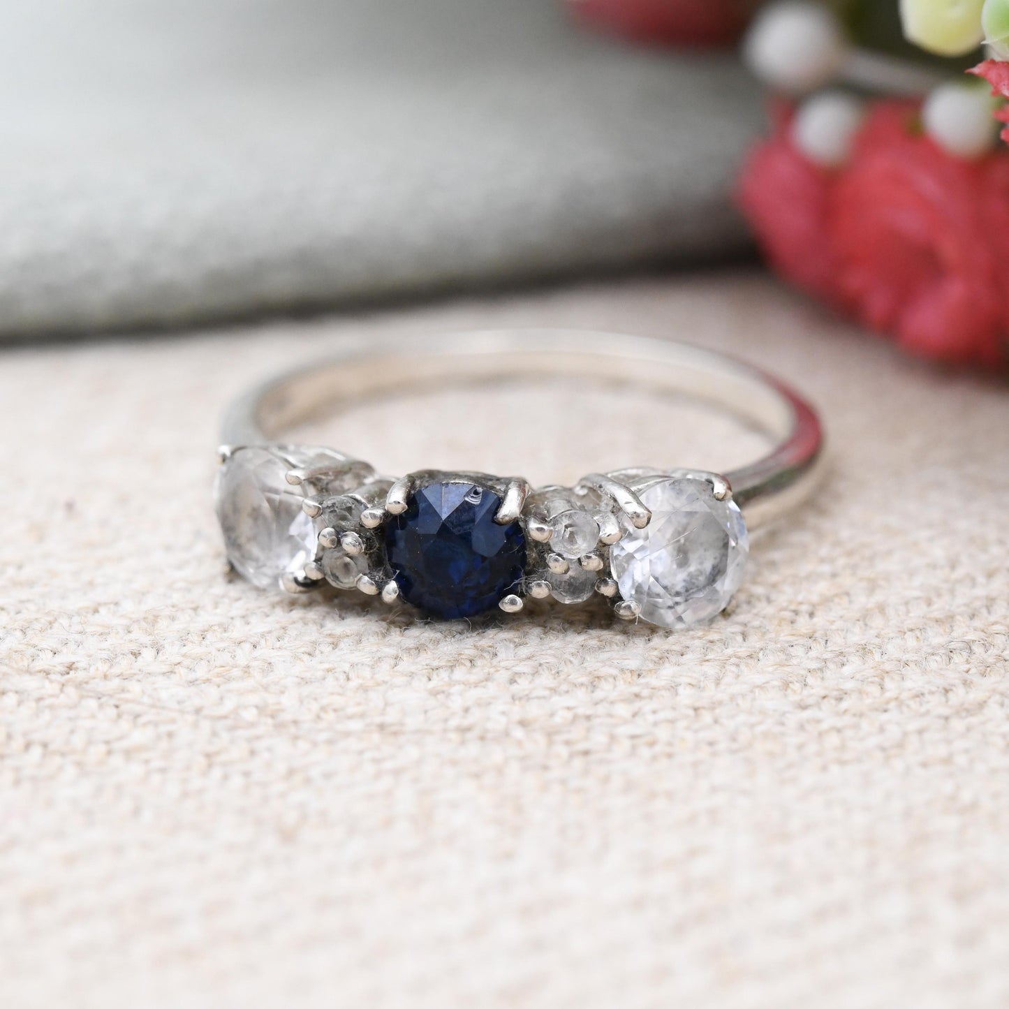 TGGC Sterling Silver Three Stone Ring Trilogy Gemstone - Faceted Clear Stone Deep Blue with Accent Stones | UK Size - U | US Size - 10