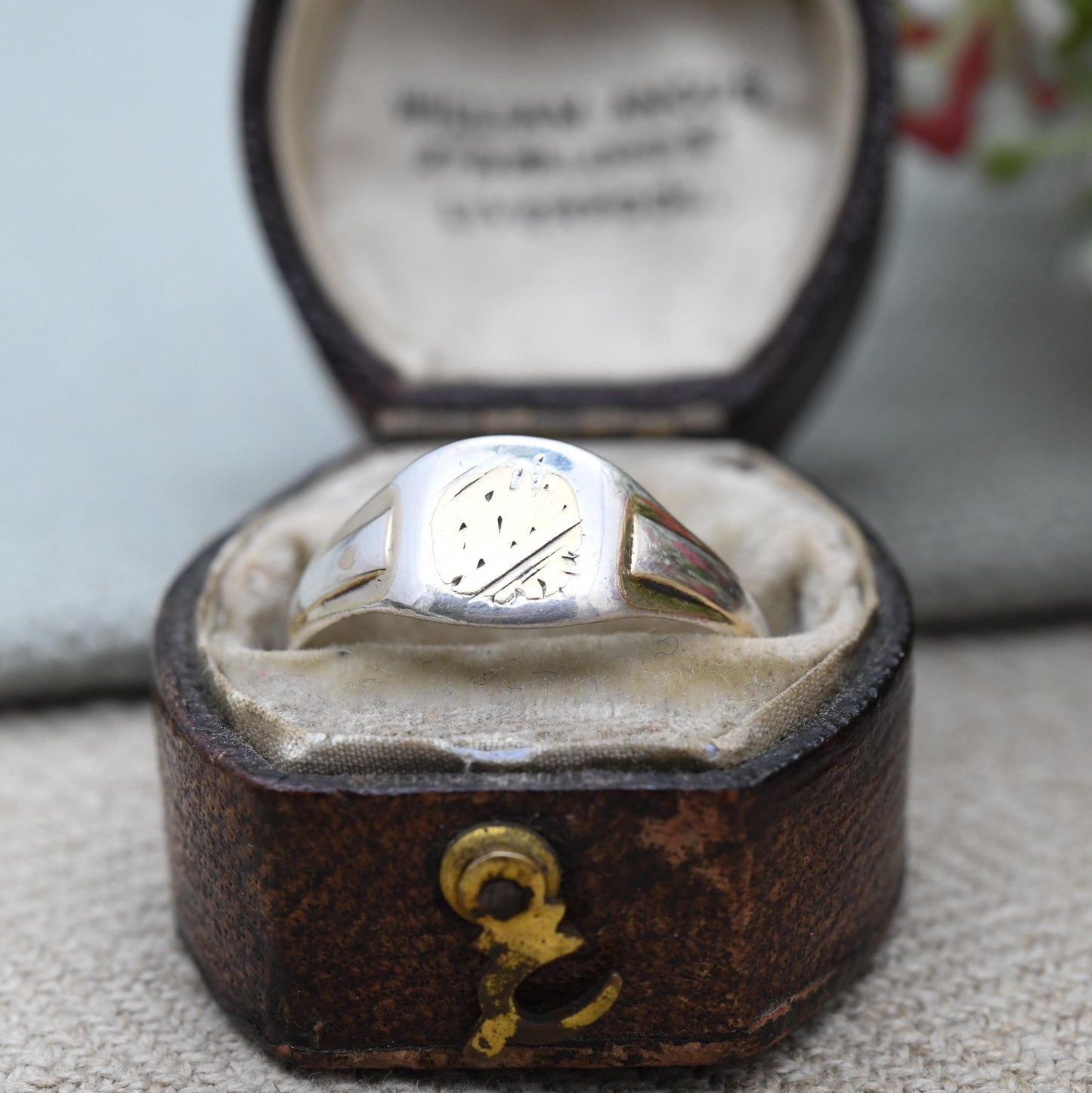 Vintage Sterling Silver Signet Ring Engraved - Mid-Century Gold Plated Unisex Signet Ring Jewellery Gift | UK Size - P | US Size - 7 1/2