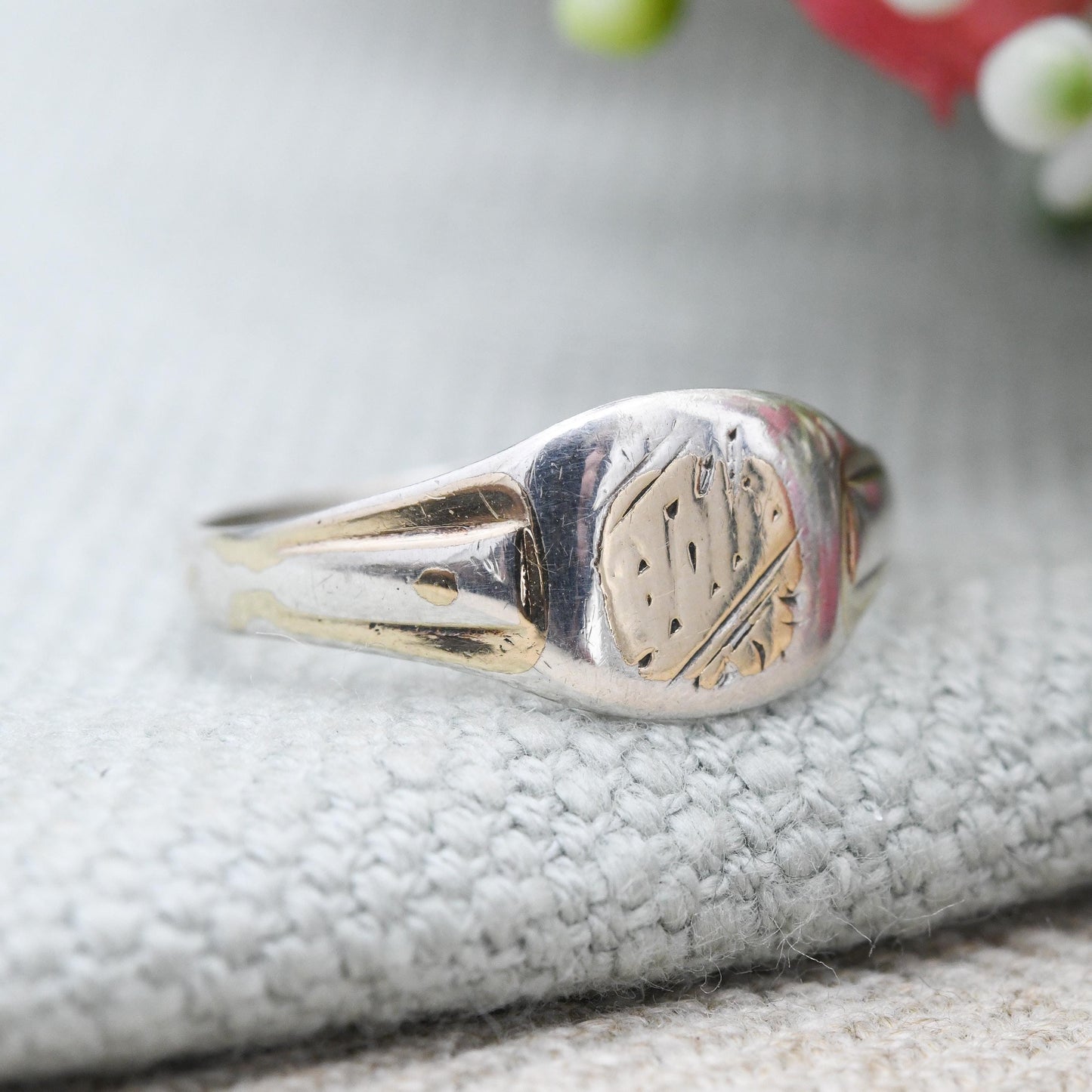 Vintage Sterling Silver Signet Ring Engraved - Mid-Century Gold Plated Unisex Signet Ring Jewellery Gift | UK Size - P | US Size - 7 1/2