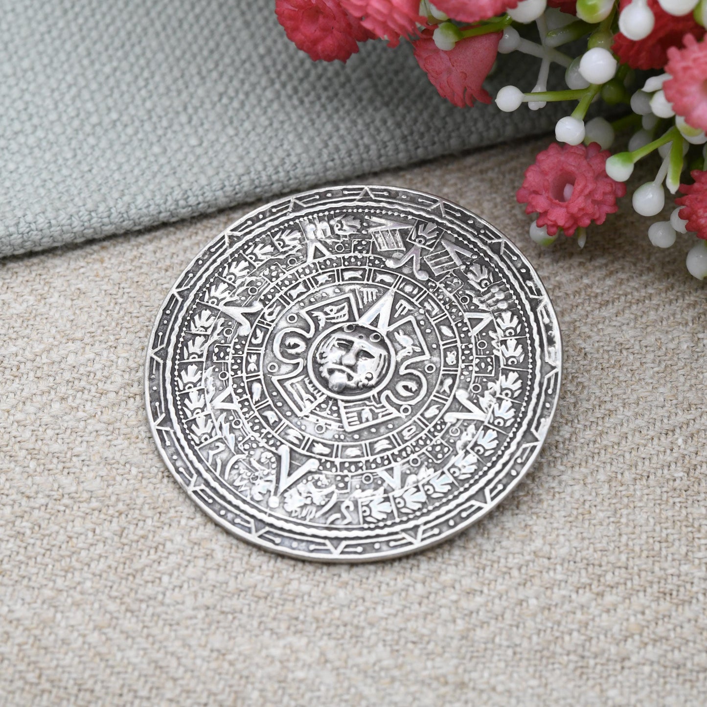Vintage Mexican Sterling Silver Aztec Sun Stone Brooch Pendant - Ornate Aztec Calendar Silver Stone Disk Circular Design | Made in Mexico