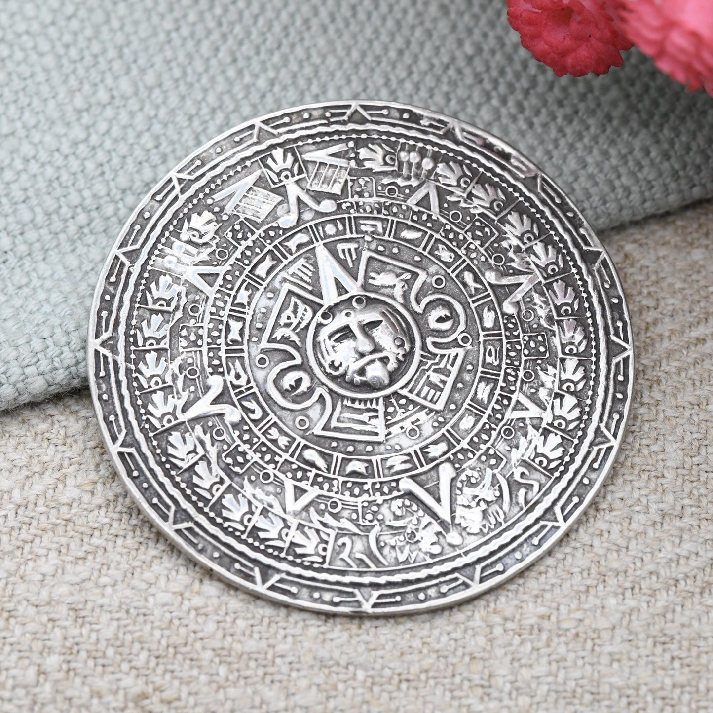 Vintage Mexican Sterling Silver Aztec Sun Stone Brooch Pendant - Ornate Aztec Calendar Silver Stone Disk Circular Design | Made in Mexico