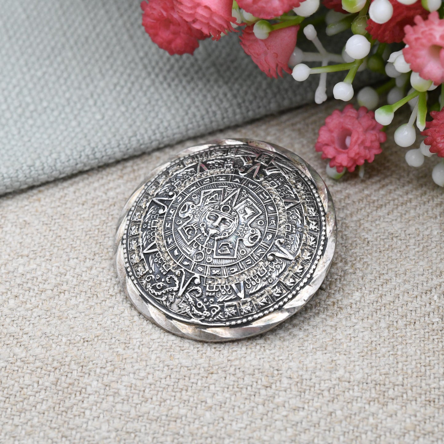 Vintage Mexican Sterling Silver Aztec Sun Stone Brooch Pendant - Mid-Century Hecho En Mexico Signed | Silver Stone Rounded Circular Design