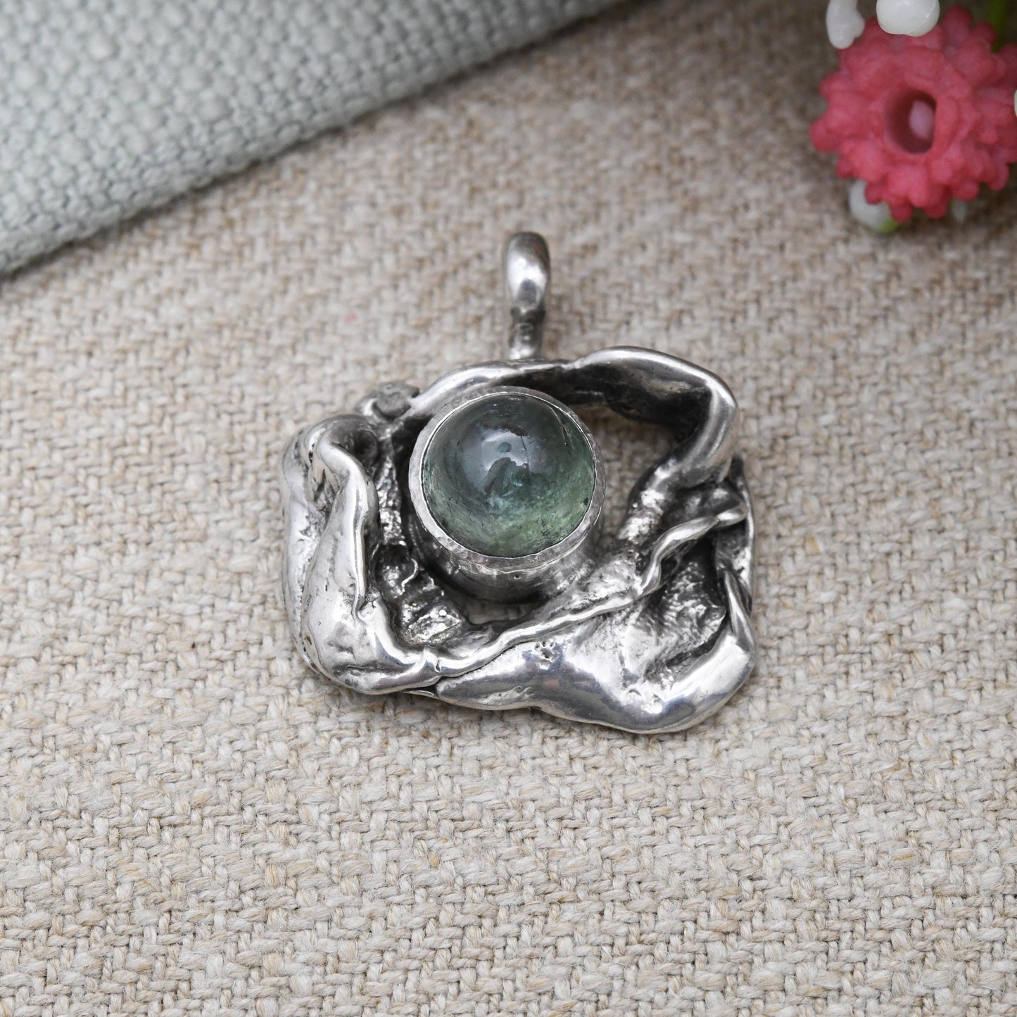 Vintage Studio Sterling Silver Gemstone Pendant - Sculptural Mid-Century Modernist Style Solid Silver Jewellery | Off-Centre Naturalistic
