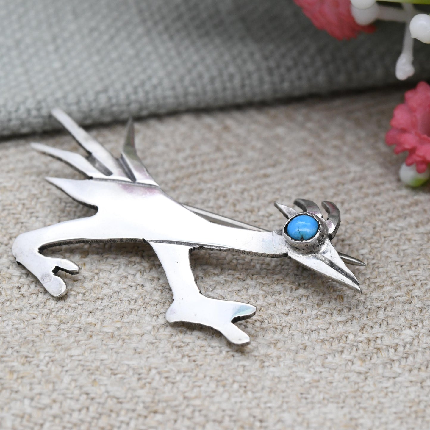 Vintage Sterling Silver Roadrunner Brooch with Turquoise Eye - Navajo Southwestern Design | American Running Bird Pin with Blue Stone
