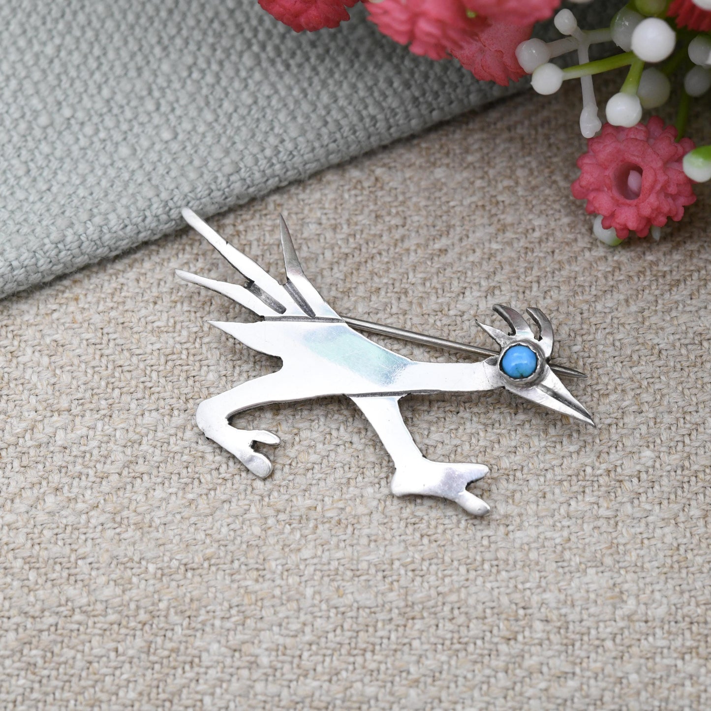 Vintage Sterling Silver Roadrunner Brooch with Turquoise Eye - Navajo Southwestern Design | American Running Bird Pin with Blue Stone